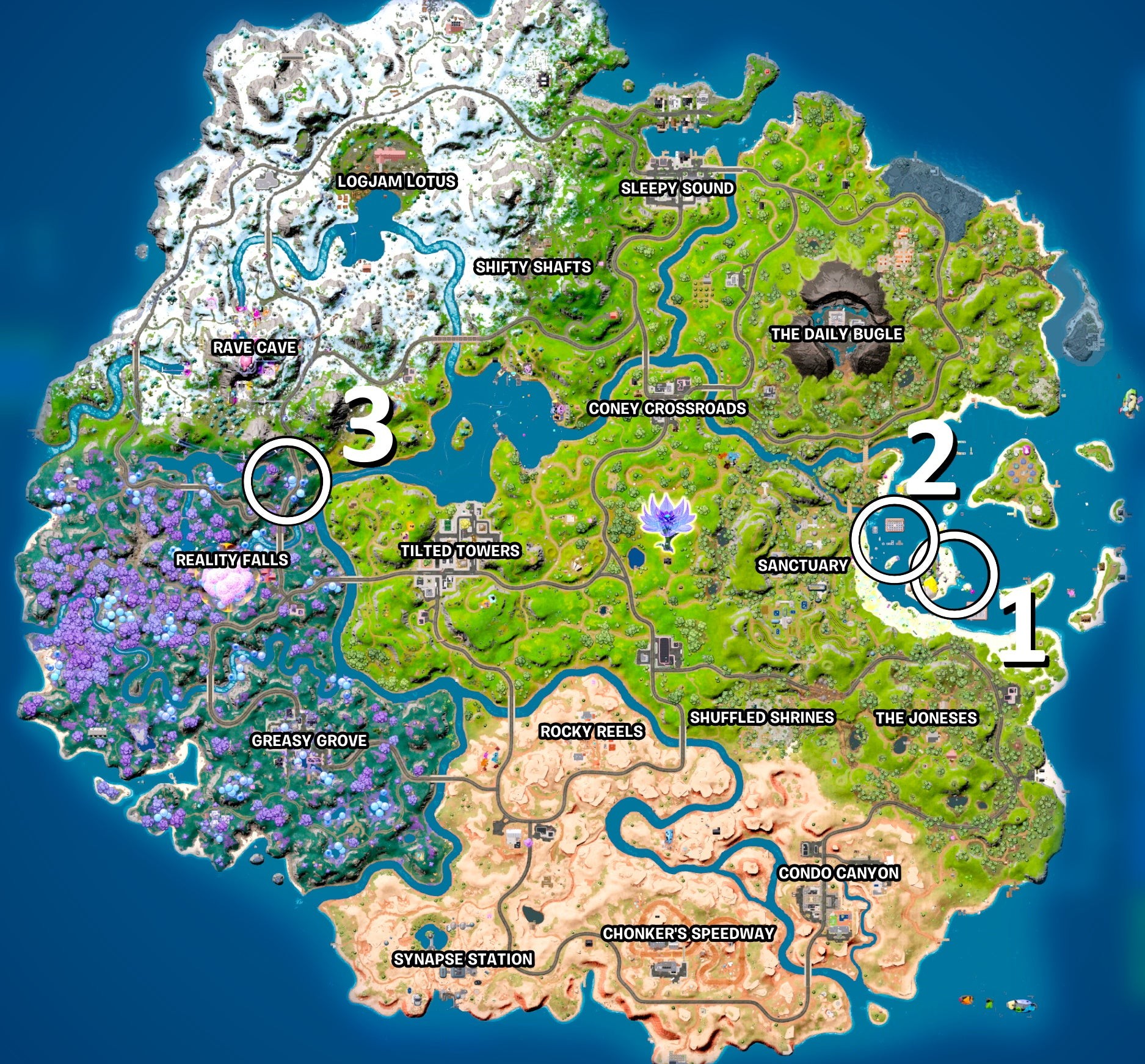 Bản đồ Fortnite đánh dấu lộ trình tối ưu để hoàn thành thử thách nảy qua ba vật phẩm