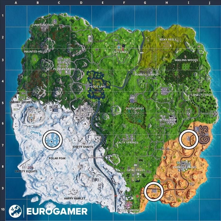Bản đồ Fortnite đánh dấu vị trí Trucker's Oasis, Ice Cream Parlor, Frozen Lake