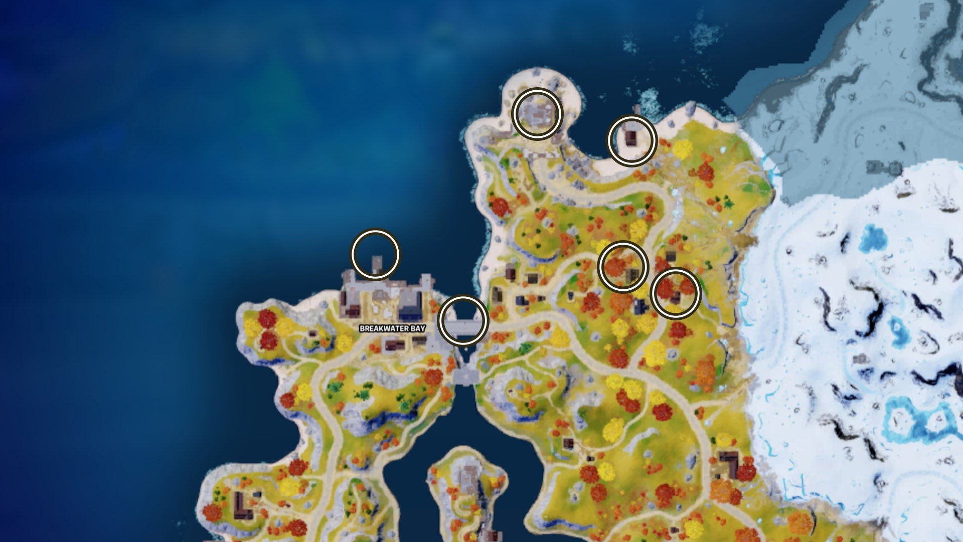 Bản đồ Fortnite hiển thị các vị trí rương Oathbound tại Breakwater Bay