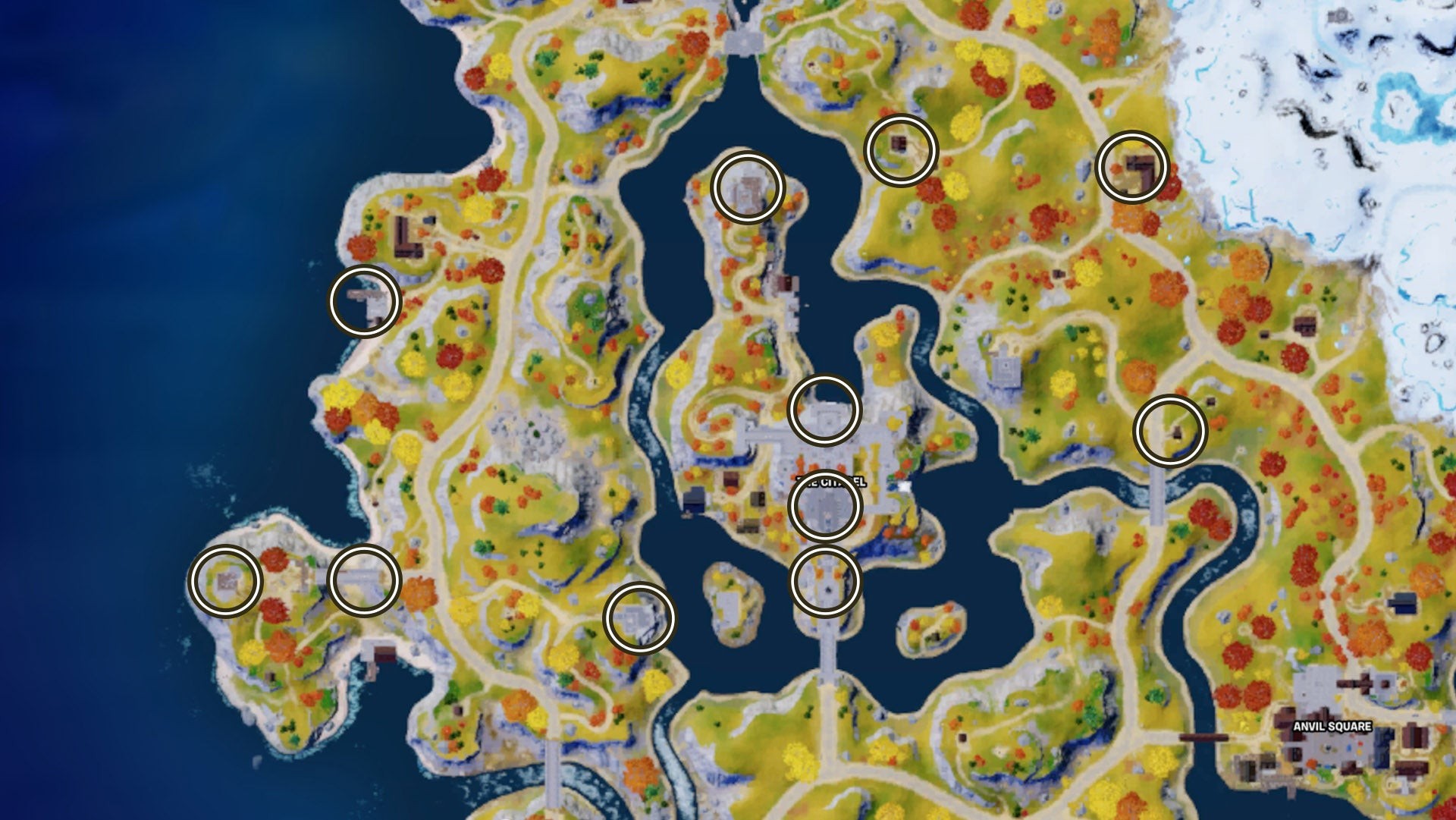 Bản đồ Fortnite hiển thị các vị trí rương Oathbound tại The Citadel