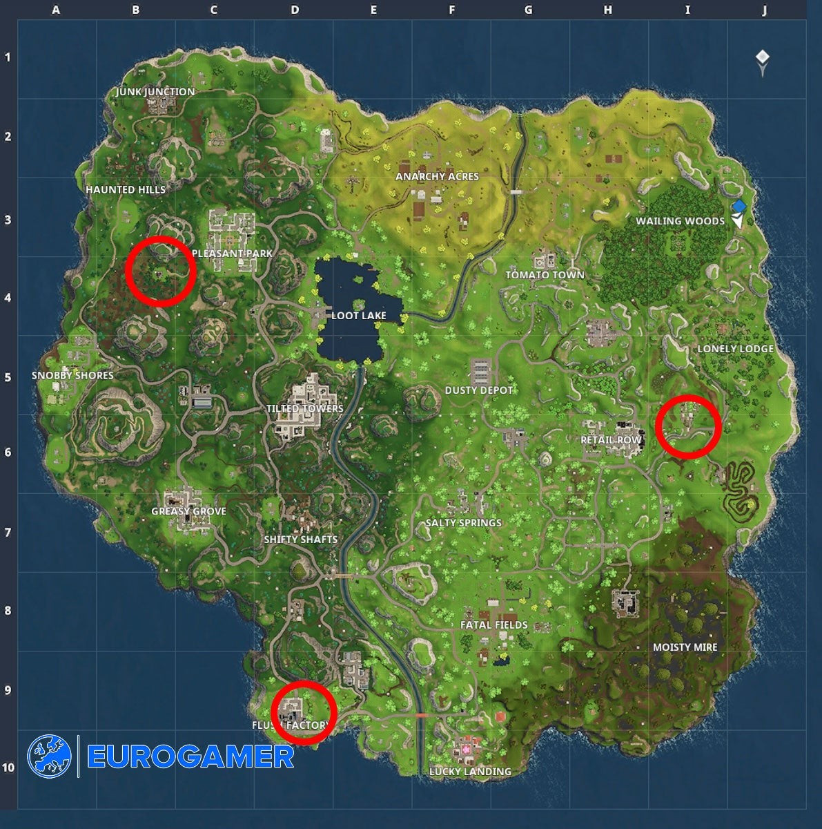 Bản đồ Fortnite hiển thị vị trí các sàn nhảy cần tìm cho thử thách cũ