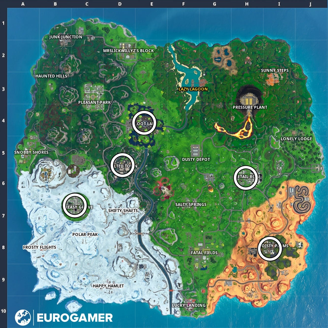 Bản đồ Fortnite Season X hiển thị các vị trí của Rift Zone như Tilted Town, Greasy Grove, Loot Lake