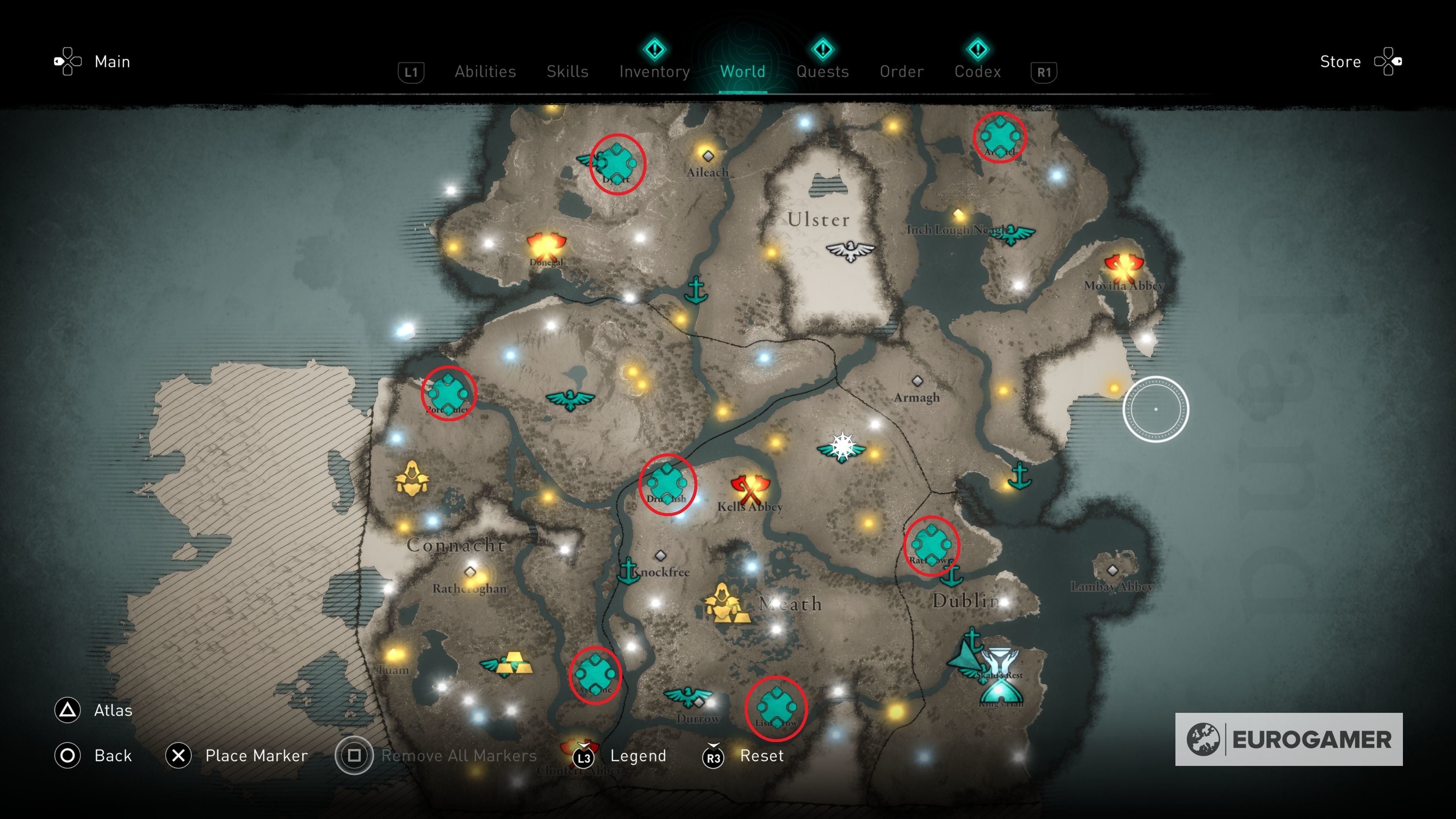 Bản đồ hiển thị 7 vị trí Trạm Giao Dịch trên khắp Ireland trong DLC Wrath of the Druids của AC Valhalla
