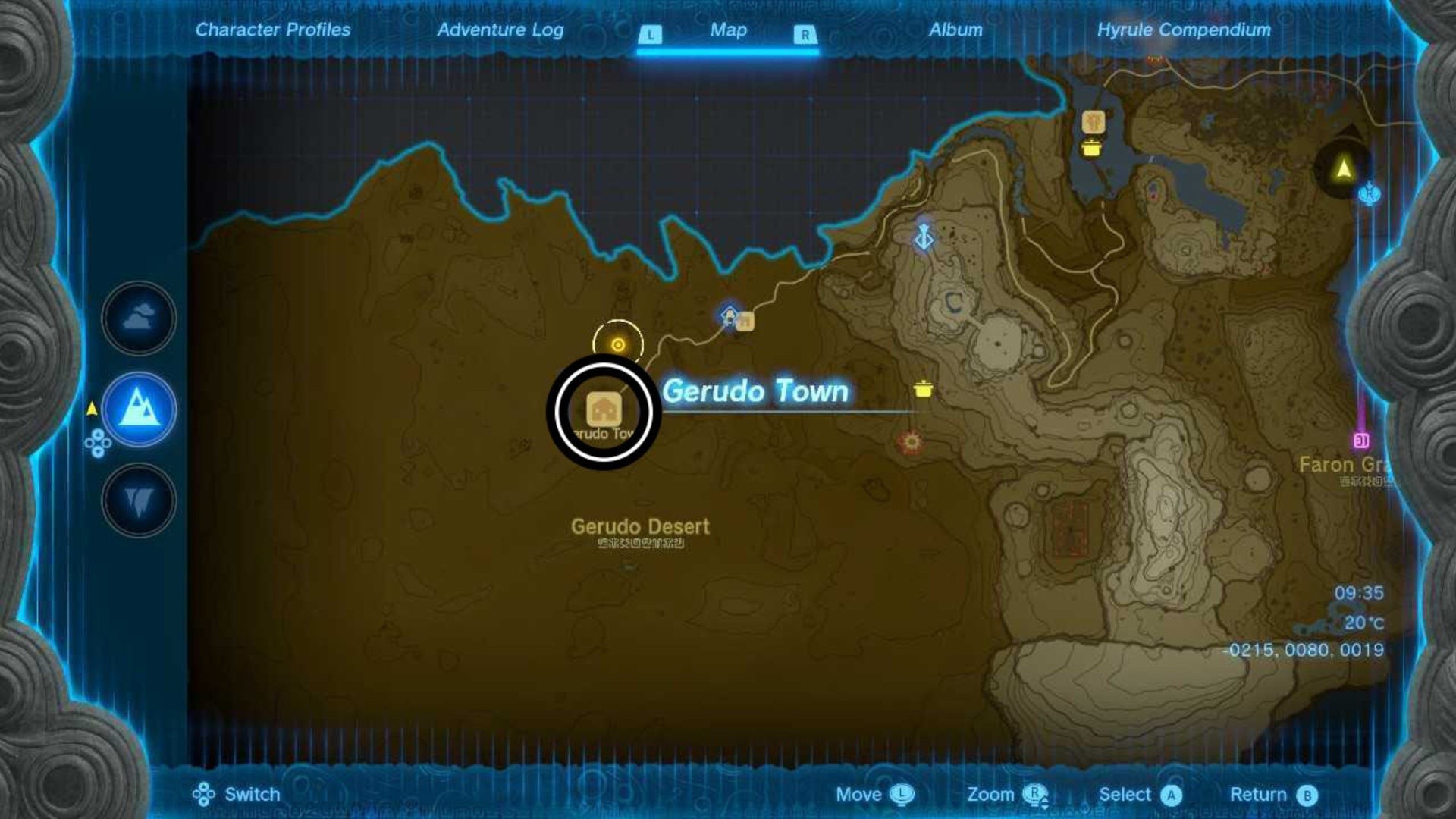 Bản đồ hiển thị vị trí chính xác của Làng Gerudo trong Zelda Tears of the Kingdom