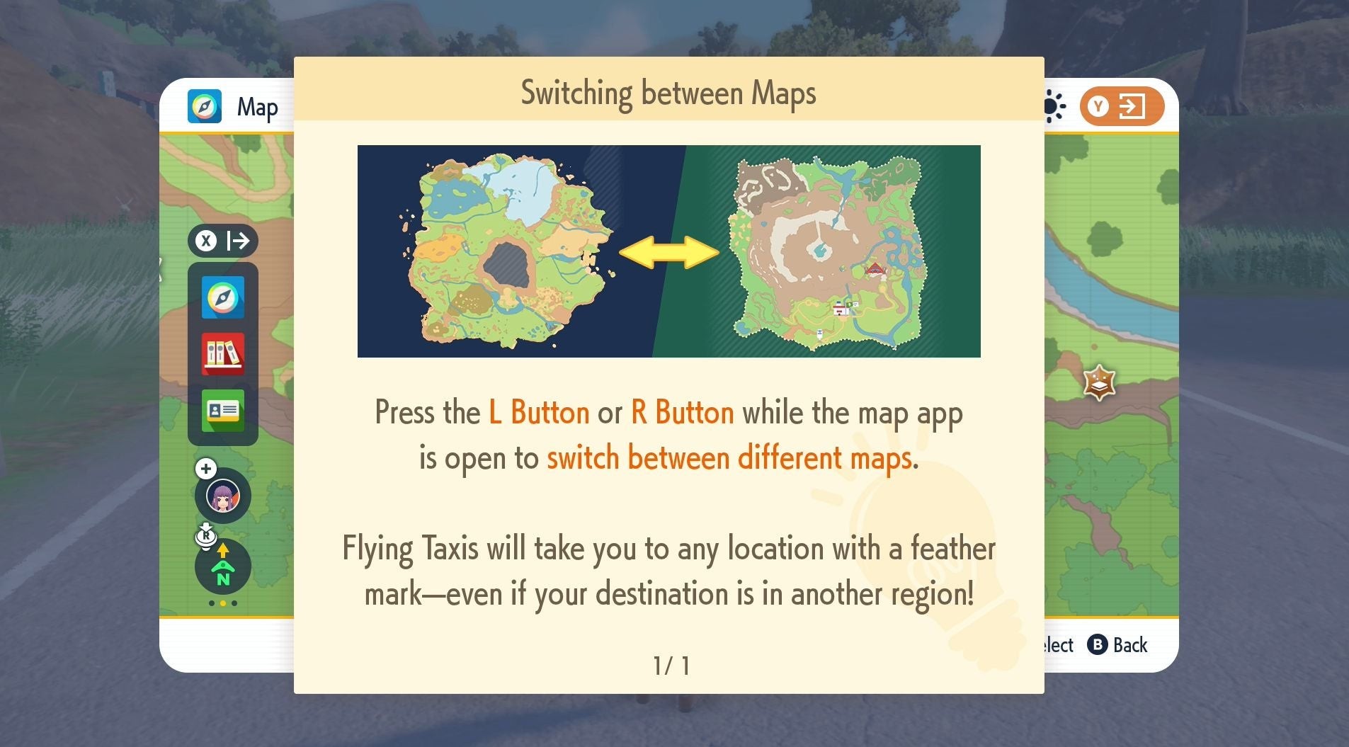 Bản đồ hiển thị vùng đất Kitakami và Paldea cho phép di chuyển nhanh giữa hai khu vực trong Pokémon Scarlet Violet