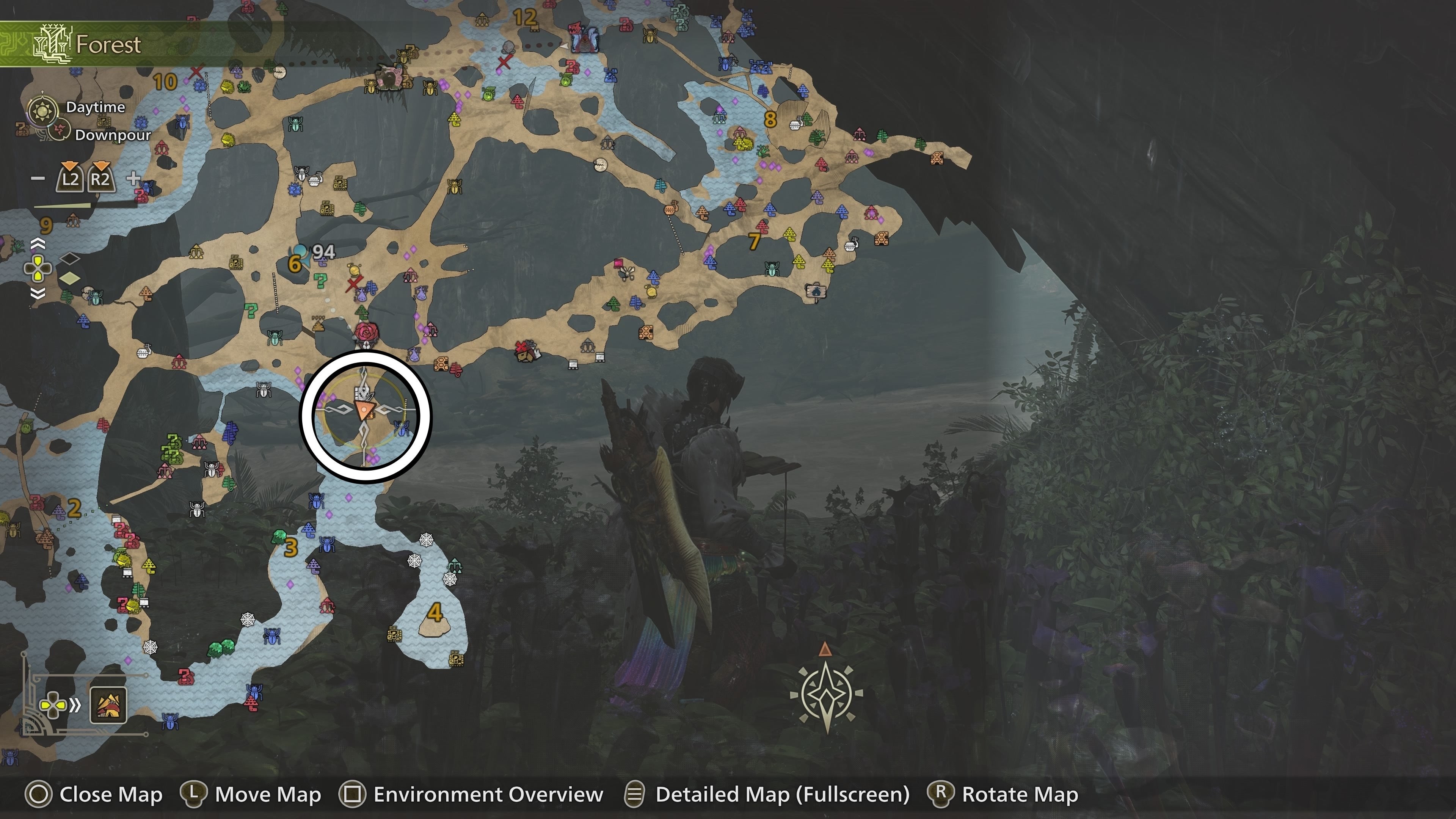 Bản đồ khoanh tròn vị trí Dapperwing thứ hai trong Monster Hunter Wilds