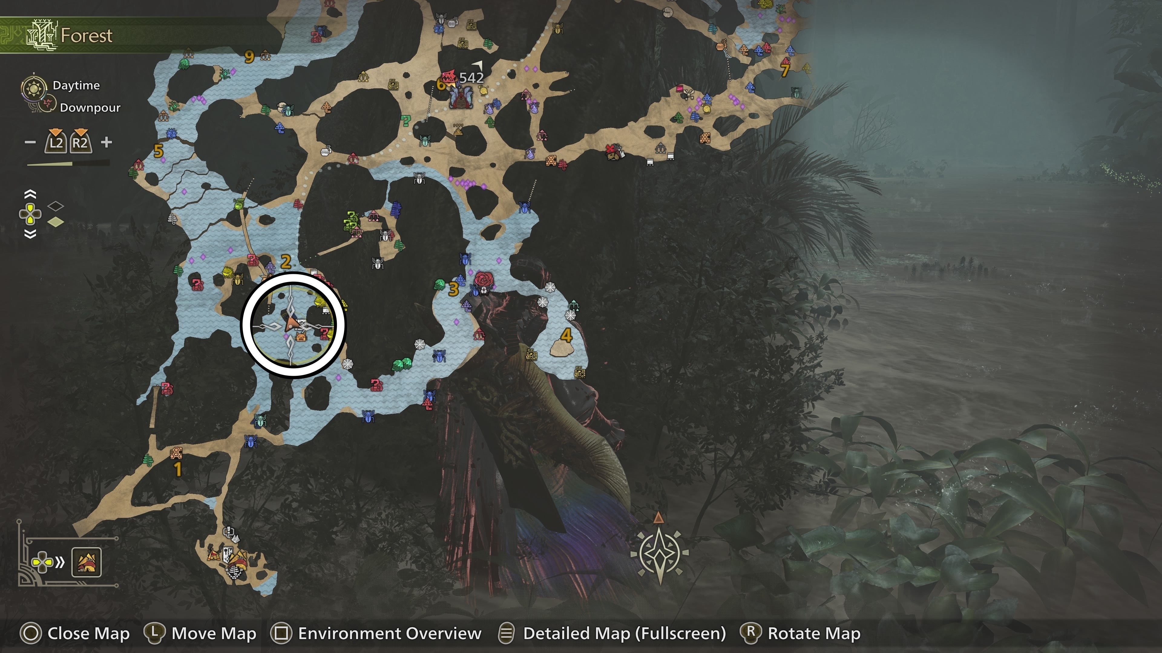 Bản đồ khoanh tròn vị trí Dapperwing trong Monster Hunter Wilds gần Khu vực 2