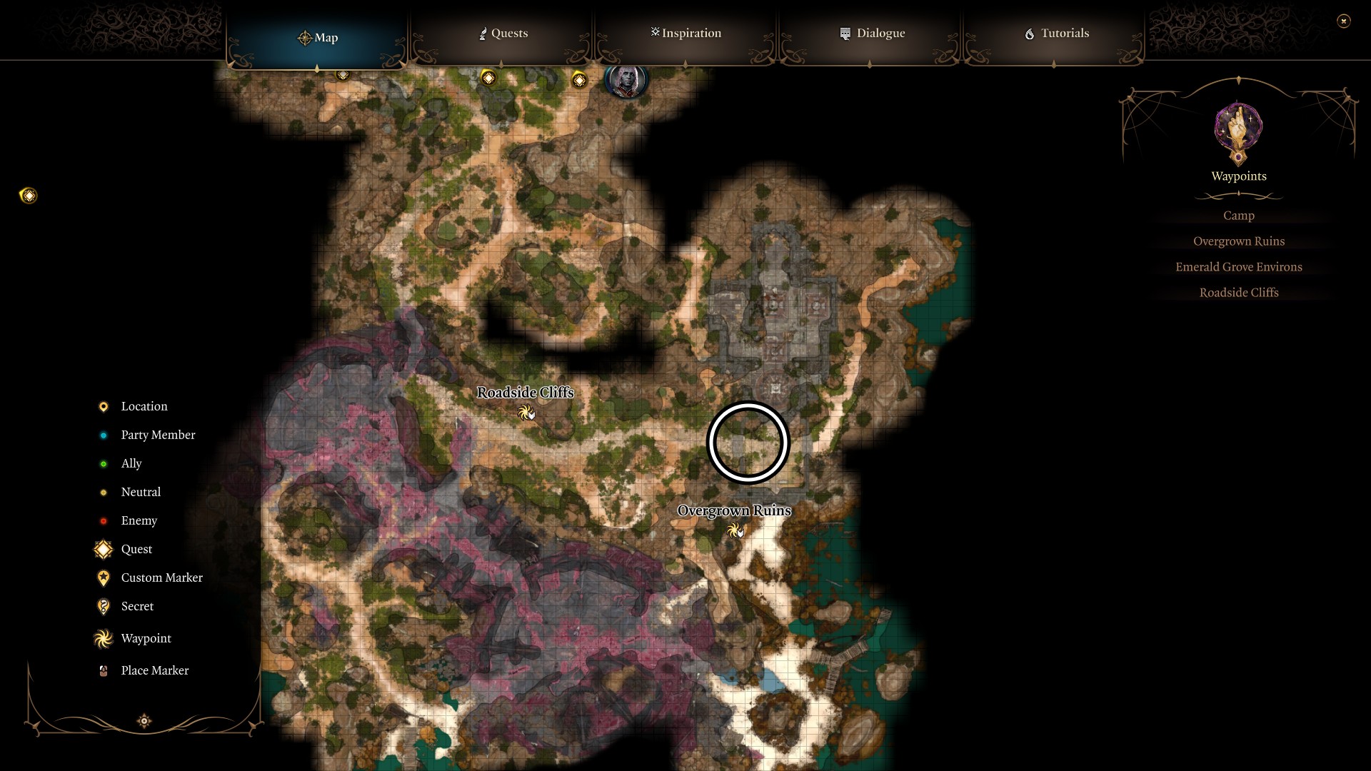 Bản đồ khu vực Roadside Cliffs chỉ vị trí khu tàn tích trong Baldur's Gate 3
