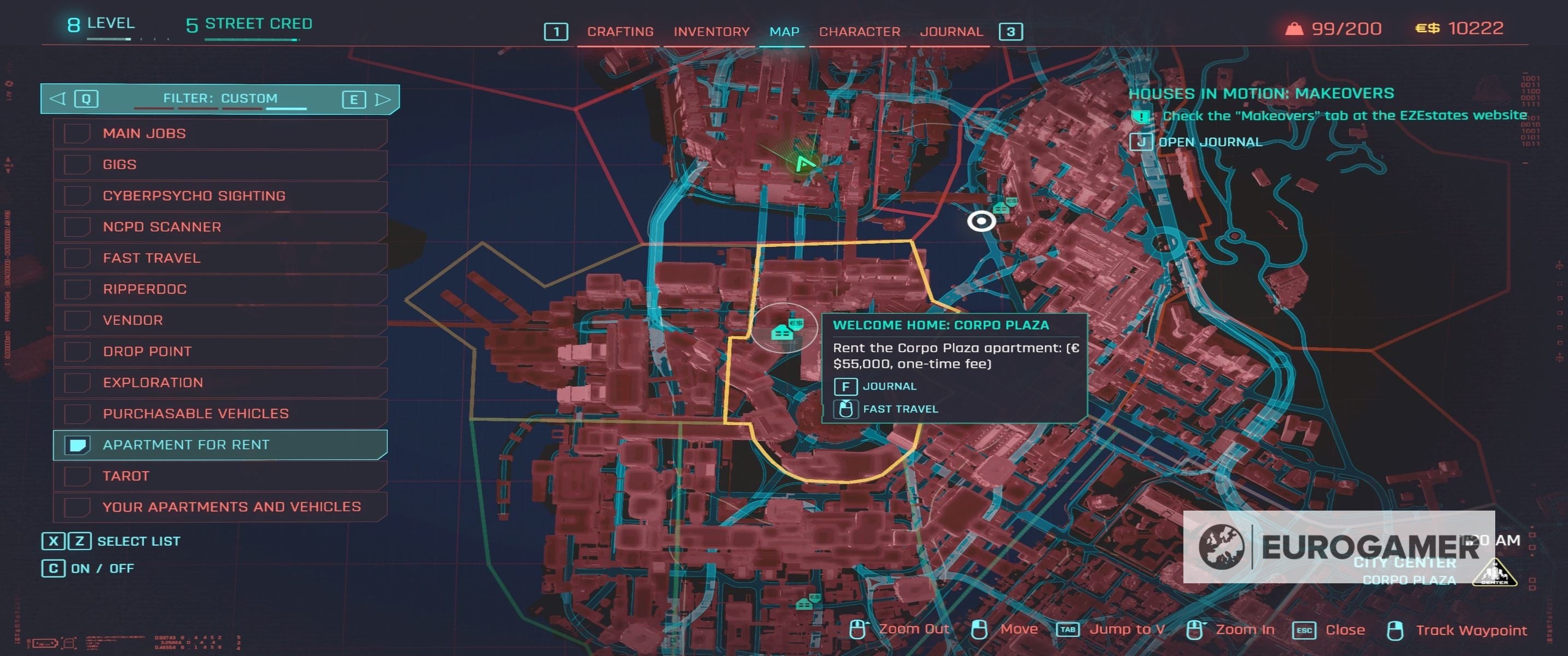 Bản đồ Night City trong Cyberpunk 2077 đánh dấu vị trí căn hộ cho thuê ở Japantown Westbrook