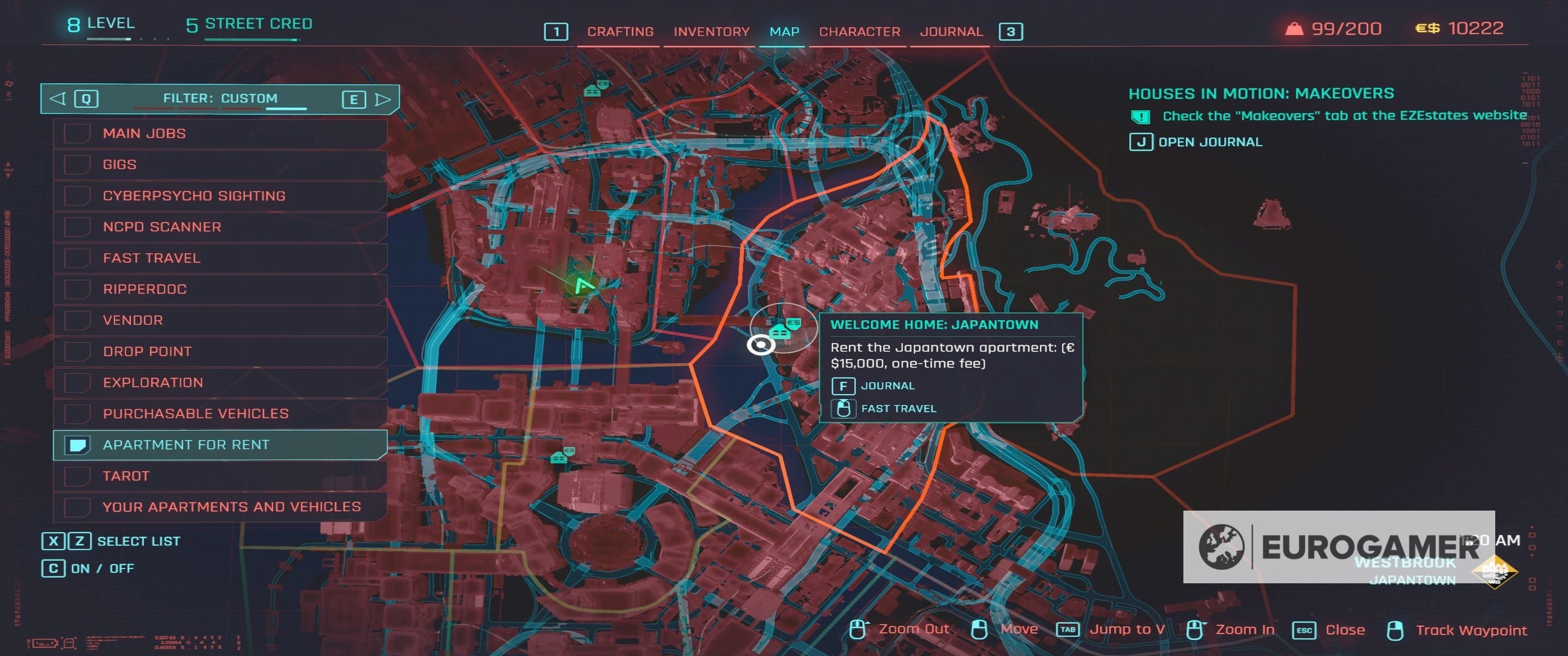 Bản đồ Night City trong Cyberpunk 2077 đánh dấu vị trí căn hộ cho thuê ở Northside Watson