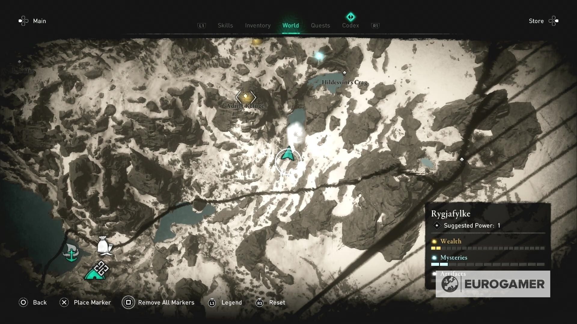 Bản đồ Rygjafylke trong Assassin's Creed Valhalla chỉ vị trí hồ nước nơi tìm thấy Bil và chiếc lược bị mất.