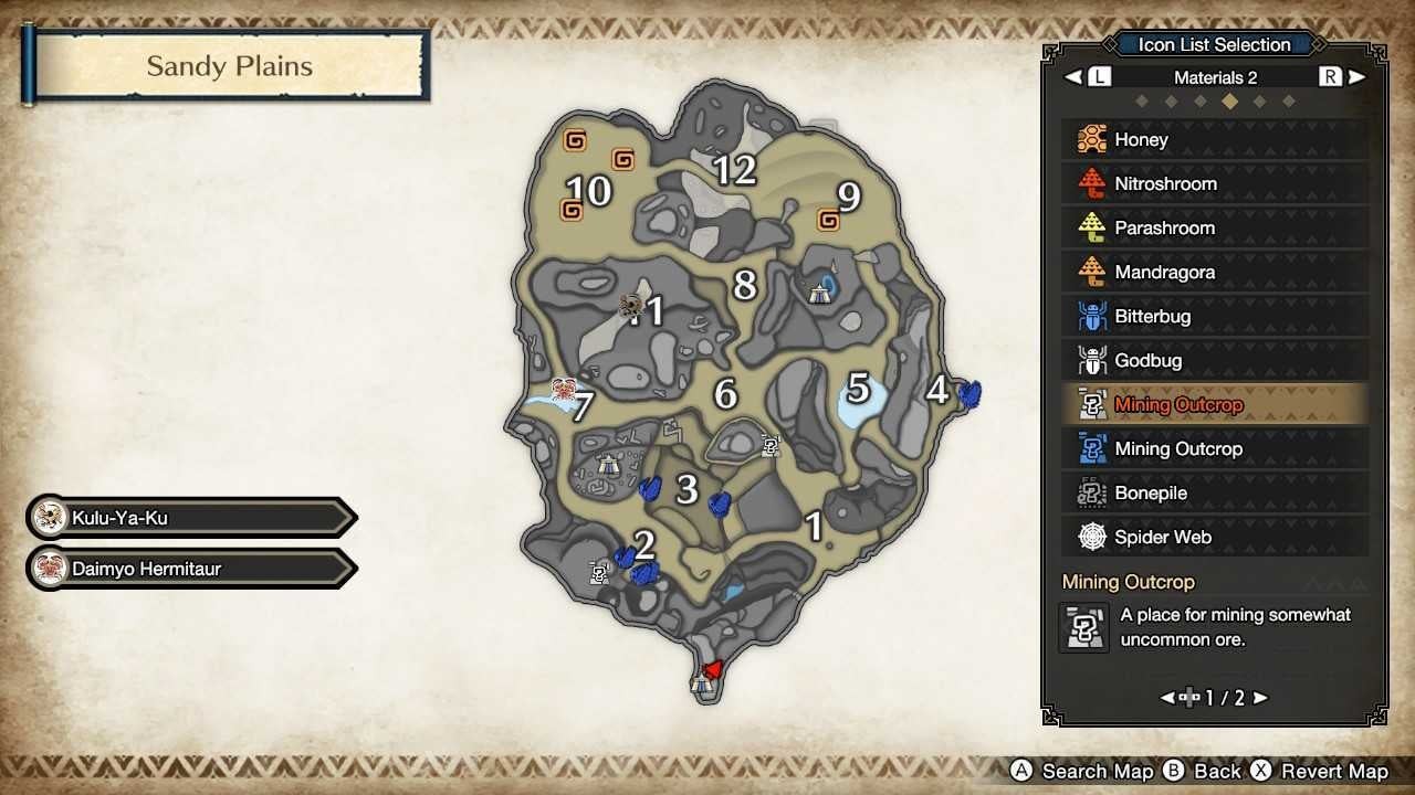 Bản đồ Sandy Plains Master Rank trong MHR Sunbreak chỉ vị trí Rhenoplos