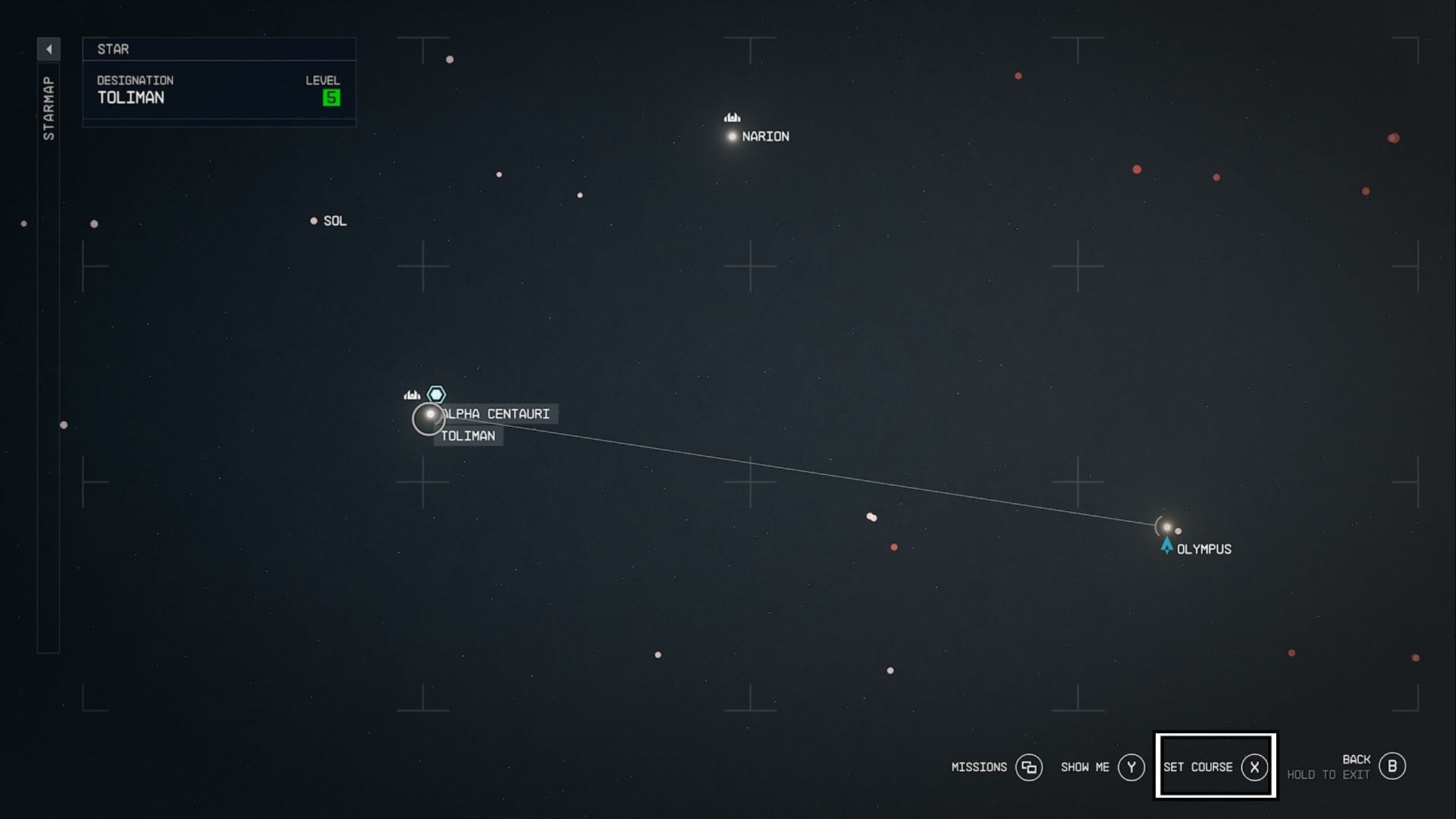 Bản đồ sao Starfield hiển thị tùy chọn Đặt lộ trình đến hệ Alpha Centauri
