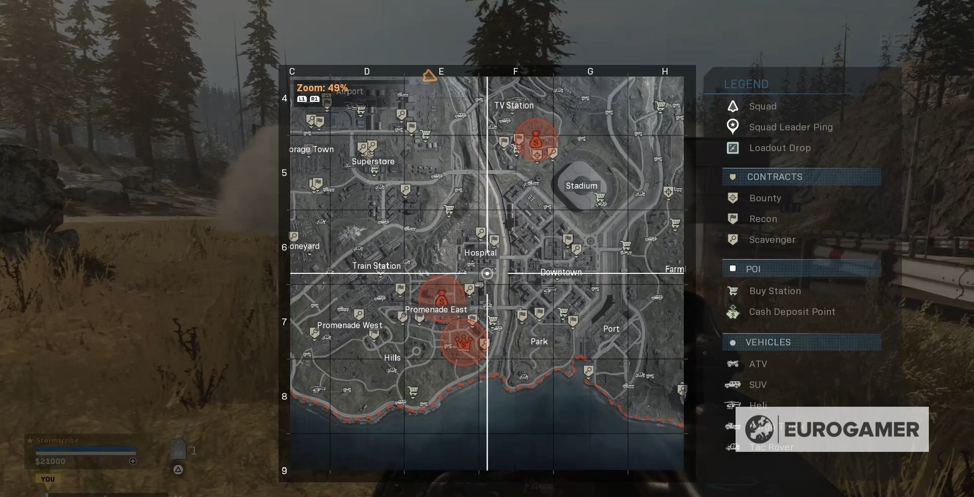 Bản đồ Tac Map trong Warzone hiển thị biểu tượng vương miện đỏ đánh dấu người chơi có nhiều tiền nhất