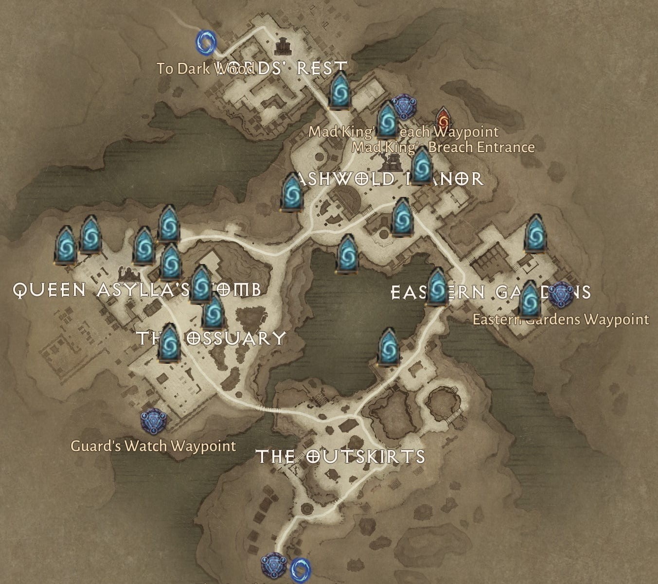 Bản đồ toàn bộ 18 vị trí Hidden Lair tại Ashwold Cemetery trong Diablo Immortal