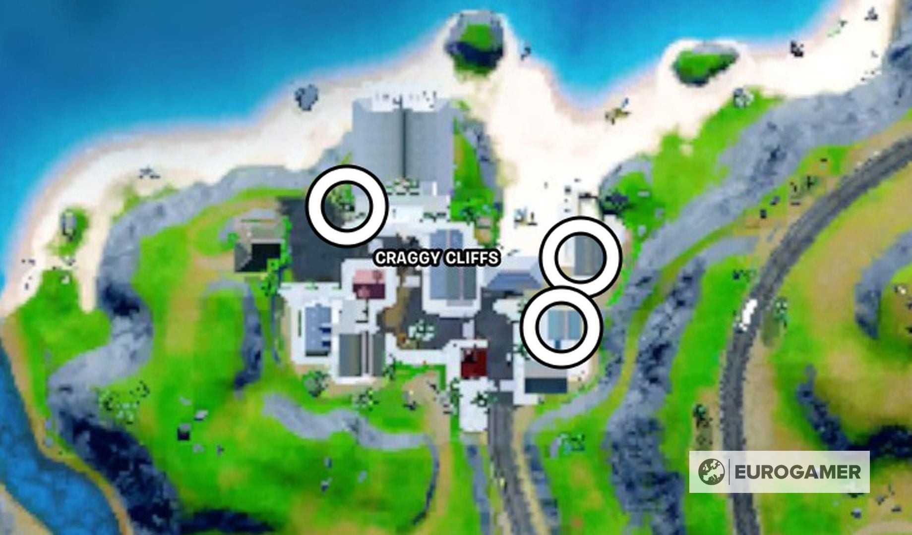 Bản đồ tổng quan vị trí các lon thức ăn mèo tại Craggy Cliffs Fortnite