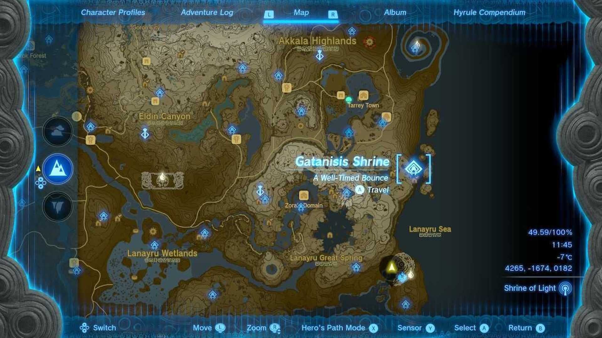 Bản đồ vị trí Đền Gatanisis trong Zelda Tears of the Kingdom khu vực Lanayru