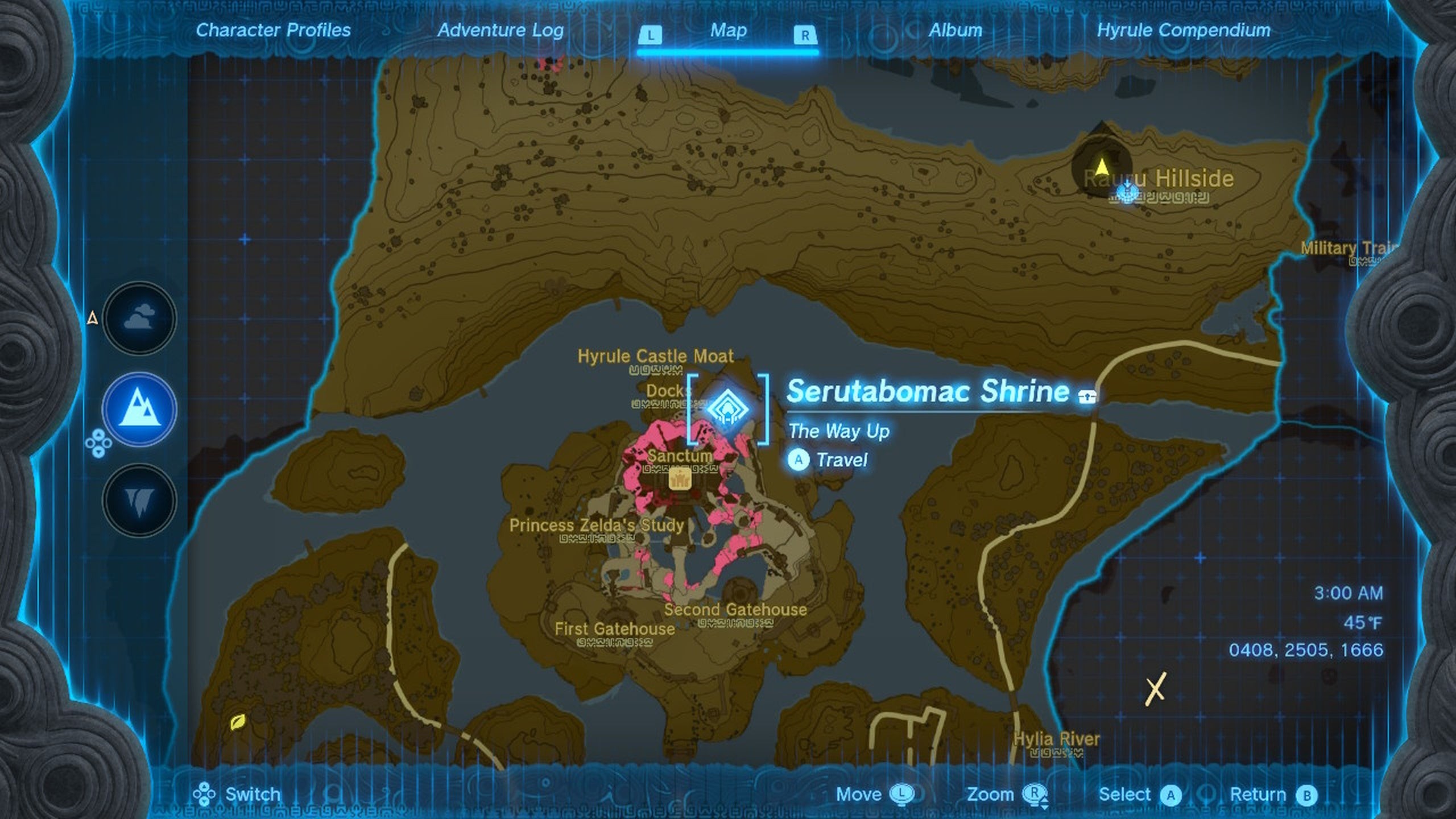 Bản đồ vị trí Điện thờ Serutabomac gần Lâu đài Hyrule trong Zelda TotK