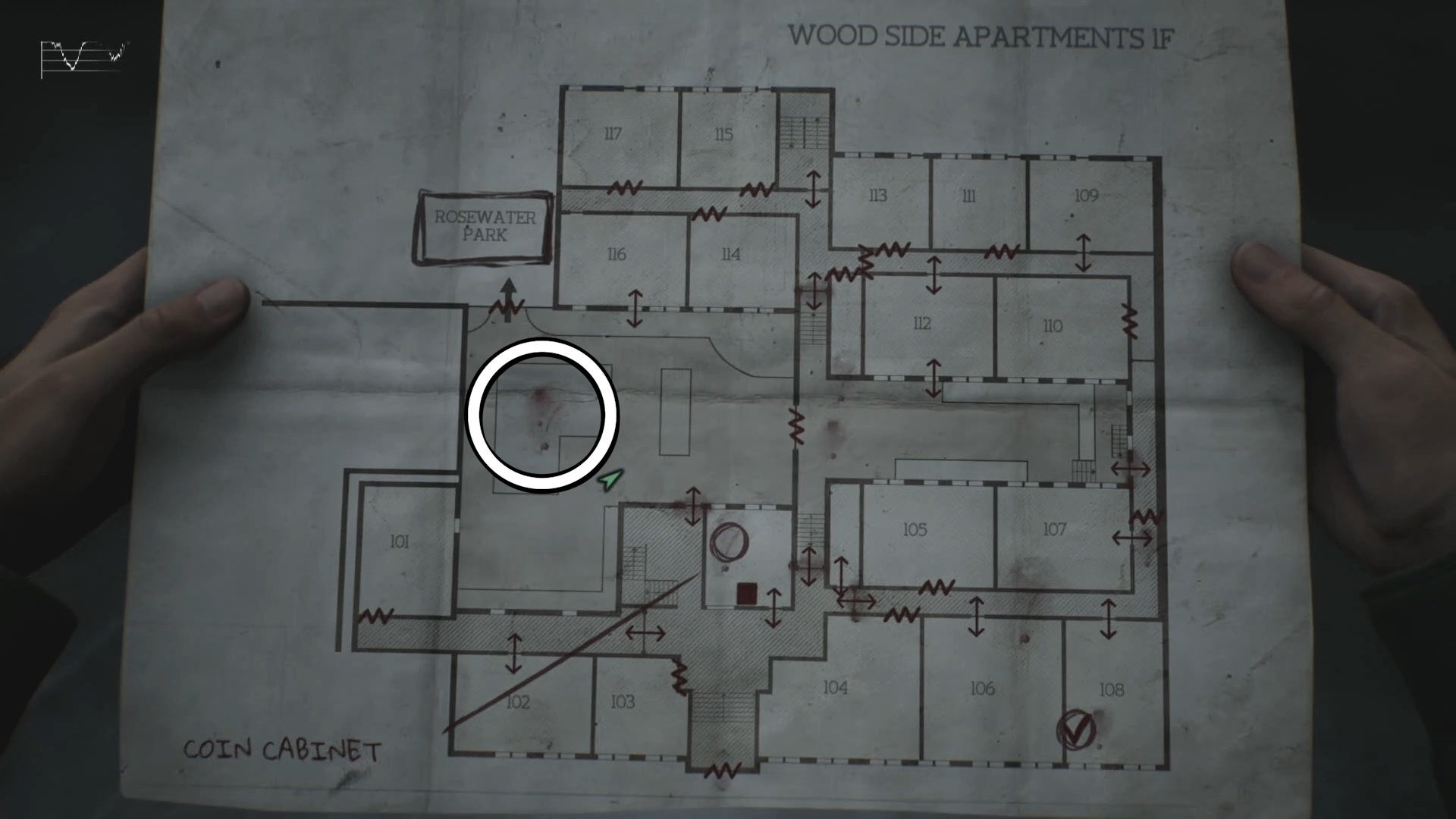 Bản đồ vị trí Đồng xu Con Rắn (Snake Coin) trong khu vực bể bơi Wood Side Apartments Silent Hill 2