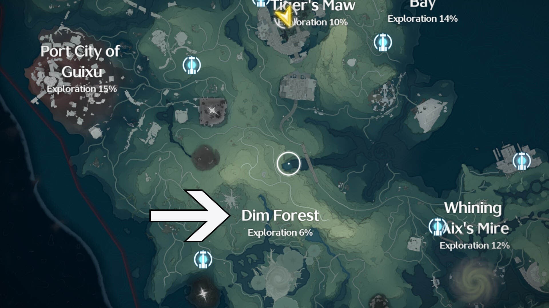 Bản đồ vị trí khu vực Dim Forest trong Wuthering Waves nơi có nhiều Vân Chi Nấm