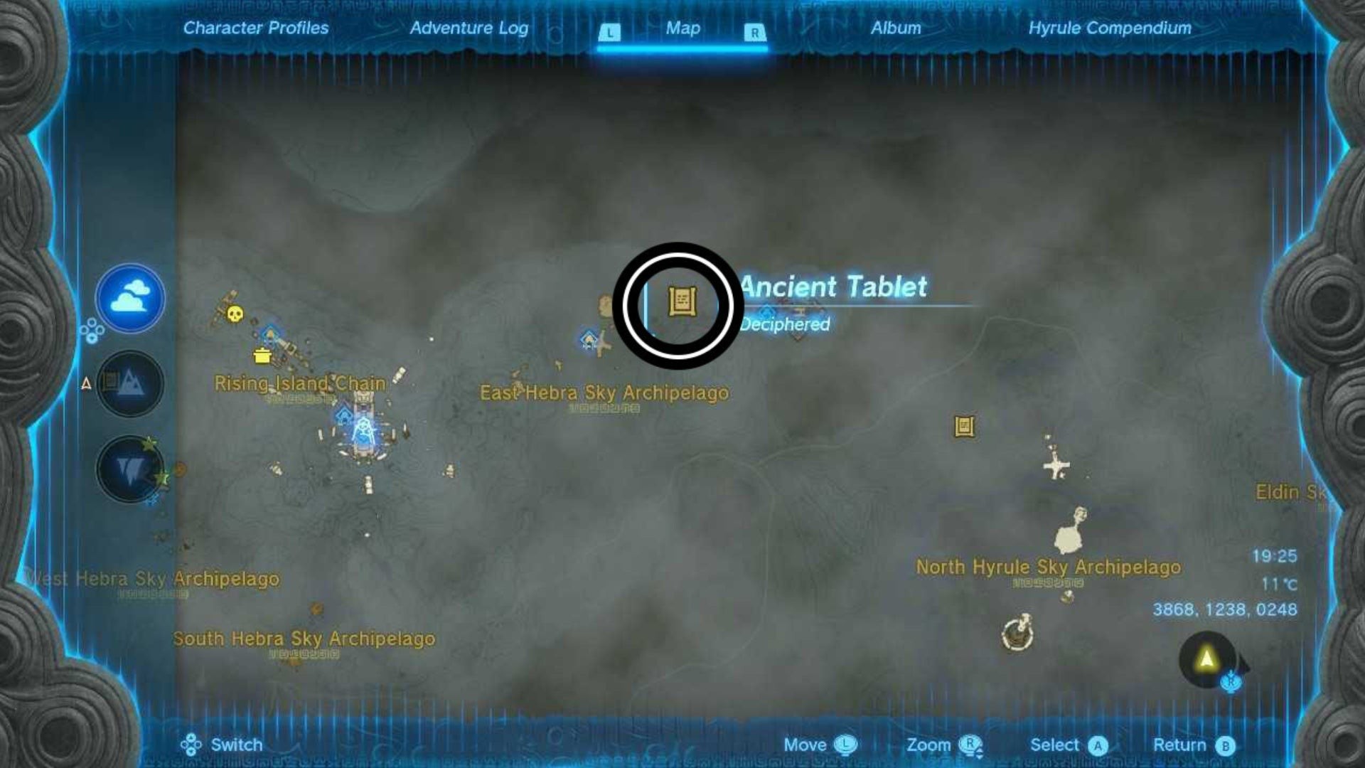 Bản đồ vị trí phiến đá cổ tại East Hebra Sky Archipelago trong Zelda TotK