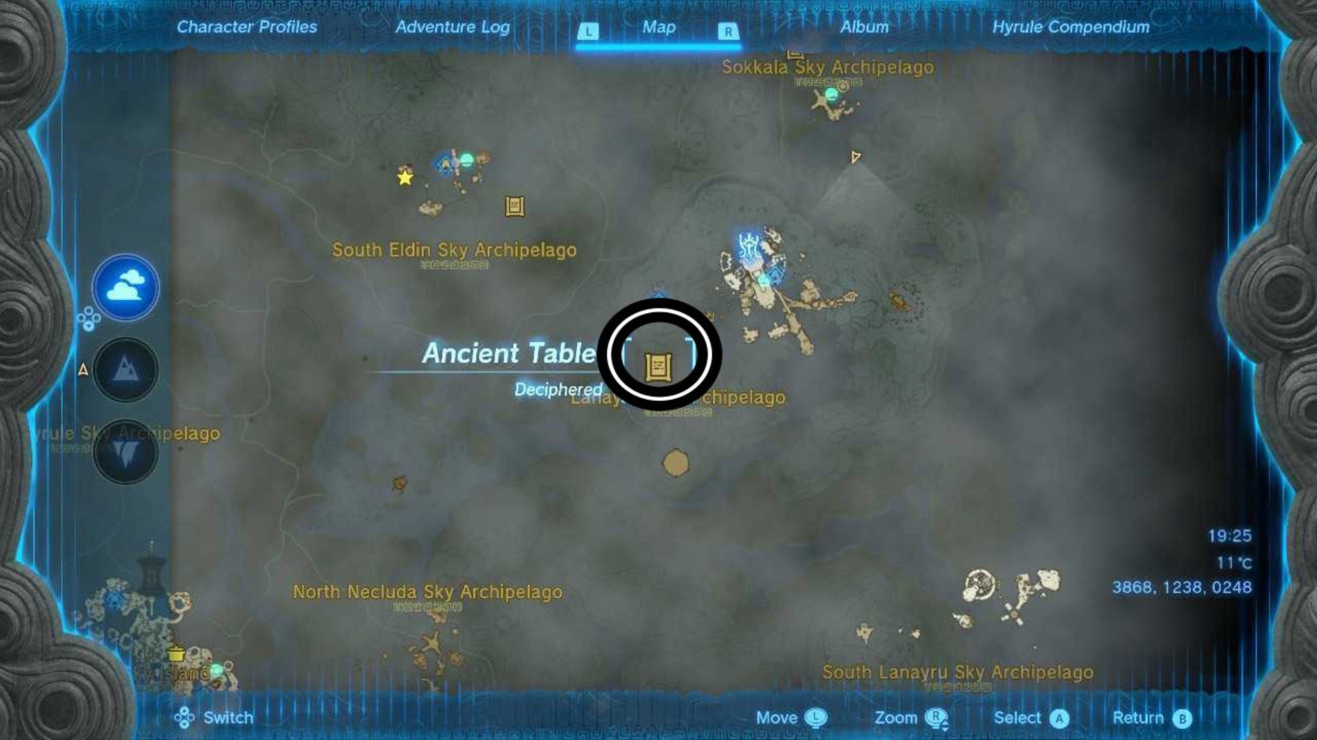 Bản đồ vị trí phiến đá cổ tại Lanayru Sky Archipelago trong Zelda TotK