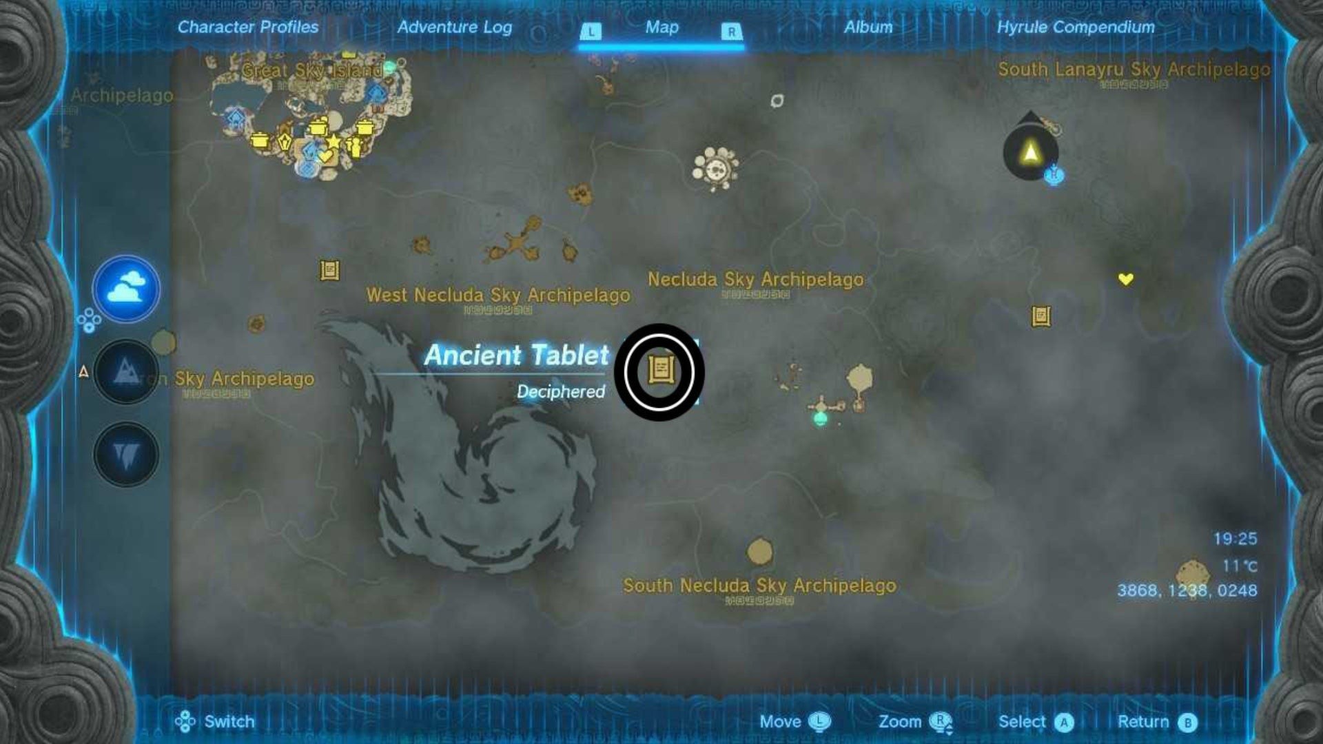 Bản đồ vị trí phiến đá cổ tại Necluda Sky Archipelago trong Zelda TotK