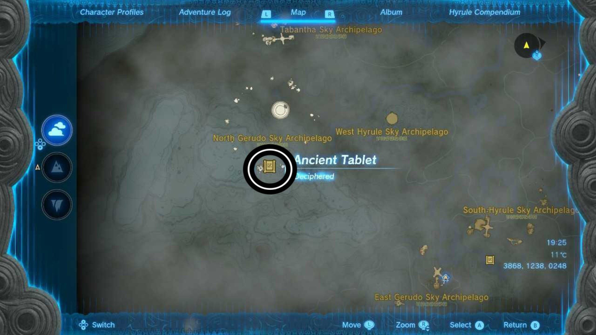 Bản đồ vị trí phiến đá cổ tại North Gerudo Sky Archipelago trong Zelda TotK