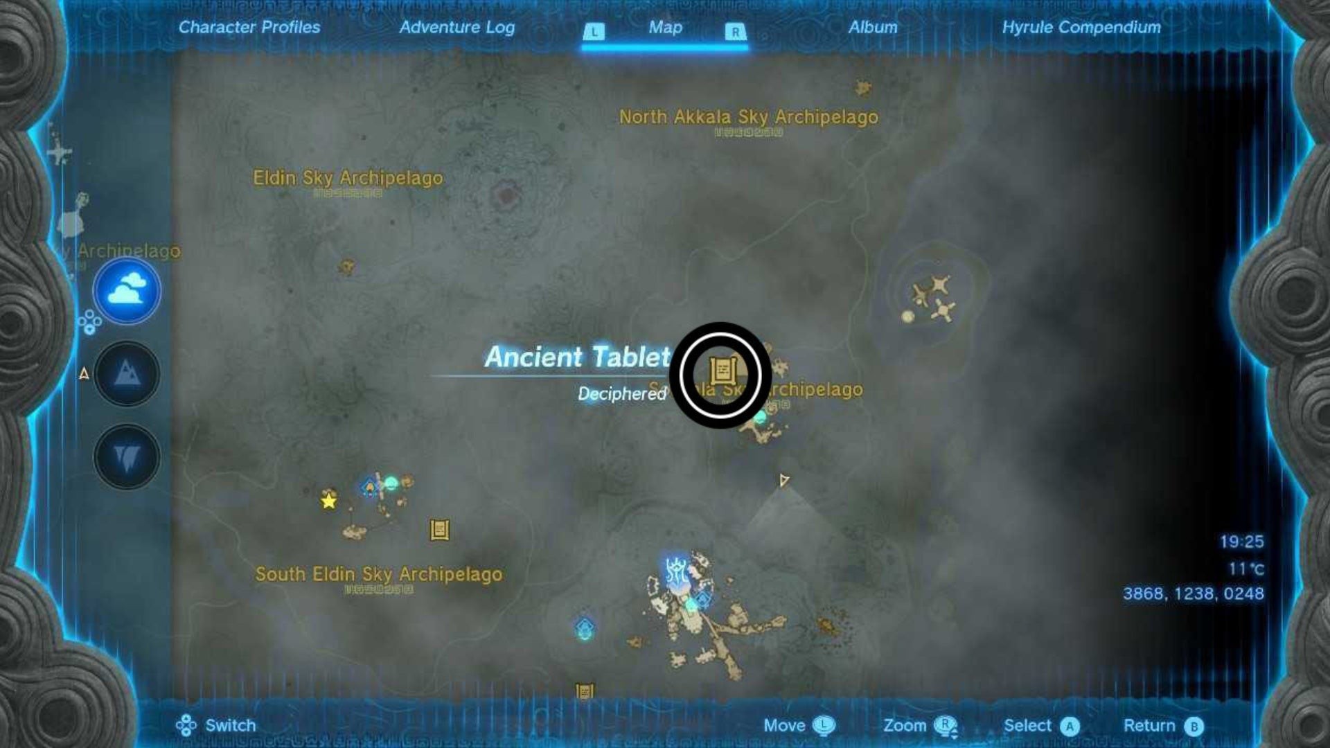 Bản đồ vị trí phiến đá cổ tại Sokkala Sky Archipelago trong Zelda TotK