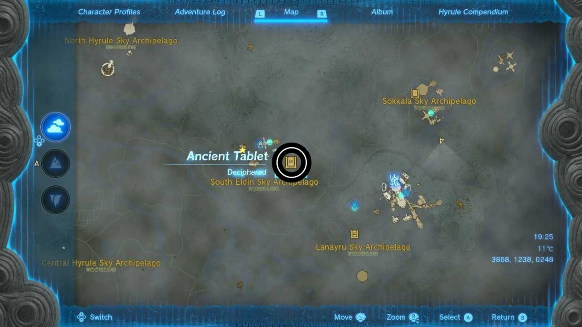Bản đồ vị trí phiến đá cổ tại South Eldin Sky Archipelago trong Zelda TotK
