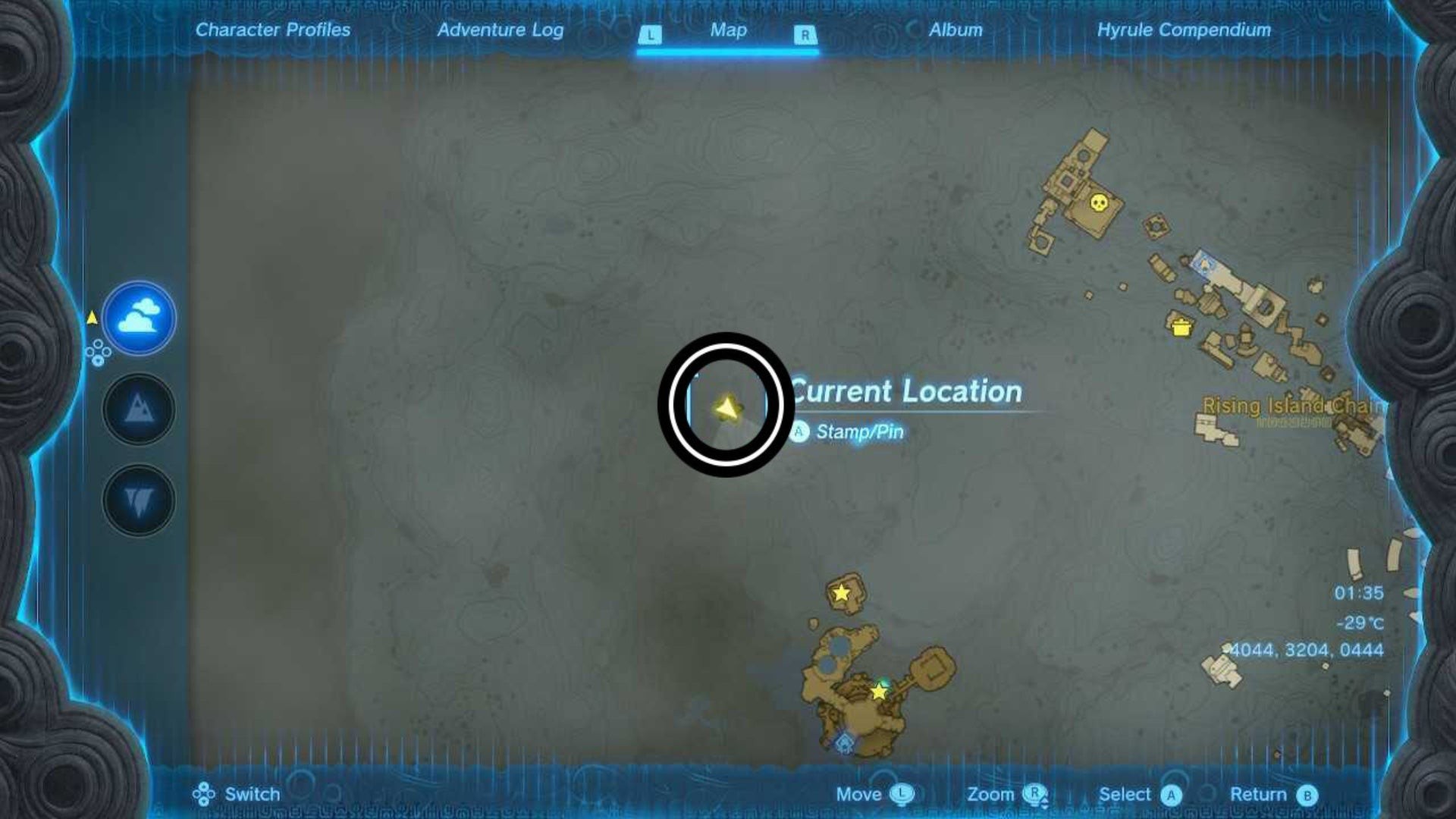 Bản đồ vị trí phiến đá cổ tại West Hebra Sky Archipelago trong Zelda TotK