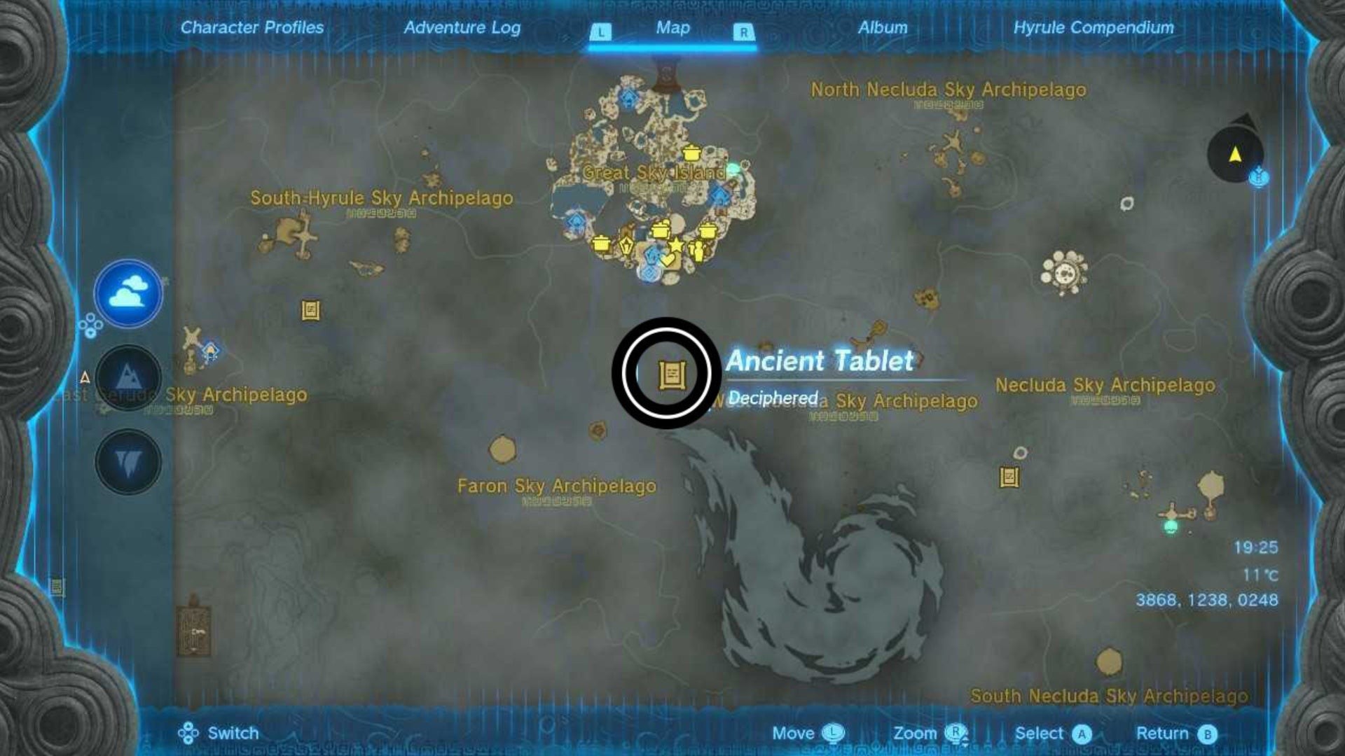 Bản đồ vị trí phiến đá cổ tại West Necluda Sky Archipelago trong Zelda TotK