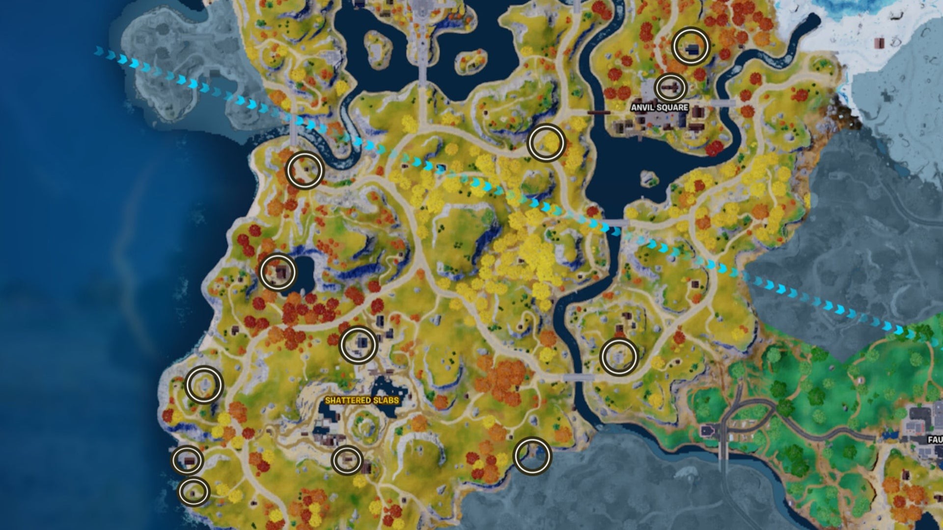 Bản đồ vị trí rương Oathbound Fortnite tại Shattered Slabs và Anvil Square