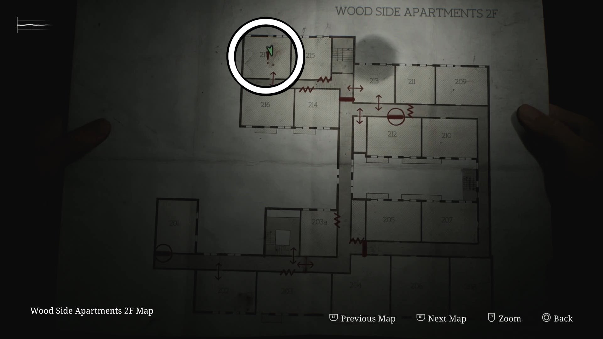 Bản đồ vị trí Súng lục trong Phòng 217 khu Wood Side Apartments Silent Hill 2