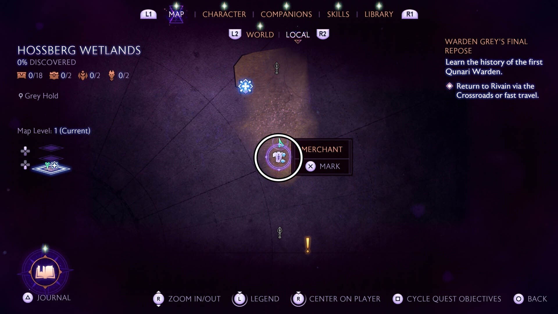 Bản đồ vị trí thương nhân Grey Wardens ở Đầm lầy Hossberg, Dragon Age The Veilguard
