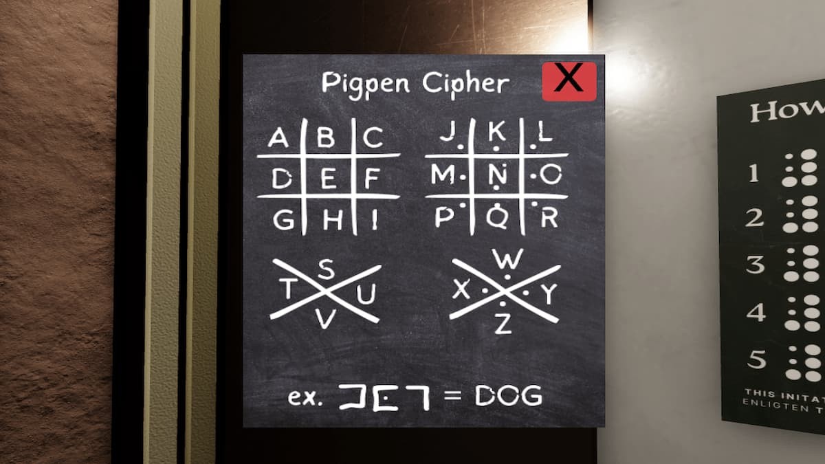 Bảng giải mã Pigpen trong thang máy Terminal Escape Room