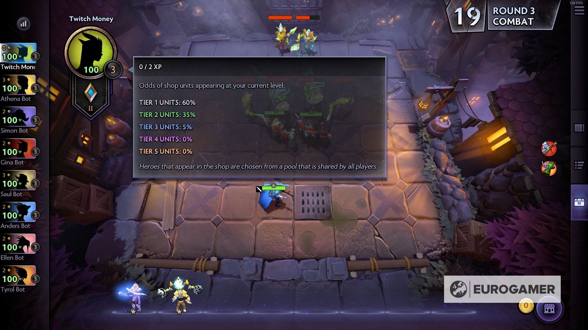 Bảng hiển thị tỷ lệ xuất hiện tướng các bậc theo cấp độ người chơi trong Dota Underlords