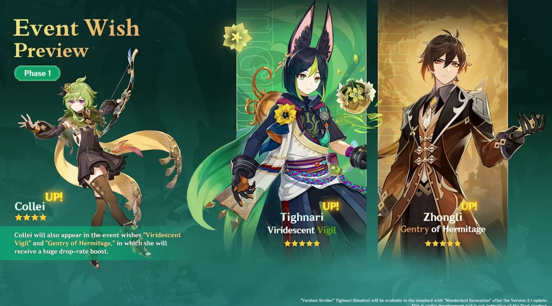 Banner Genshin Impact 3.0 Giai đoạn 1 với Tighnari, Zhongli và Collei