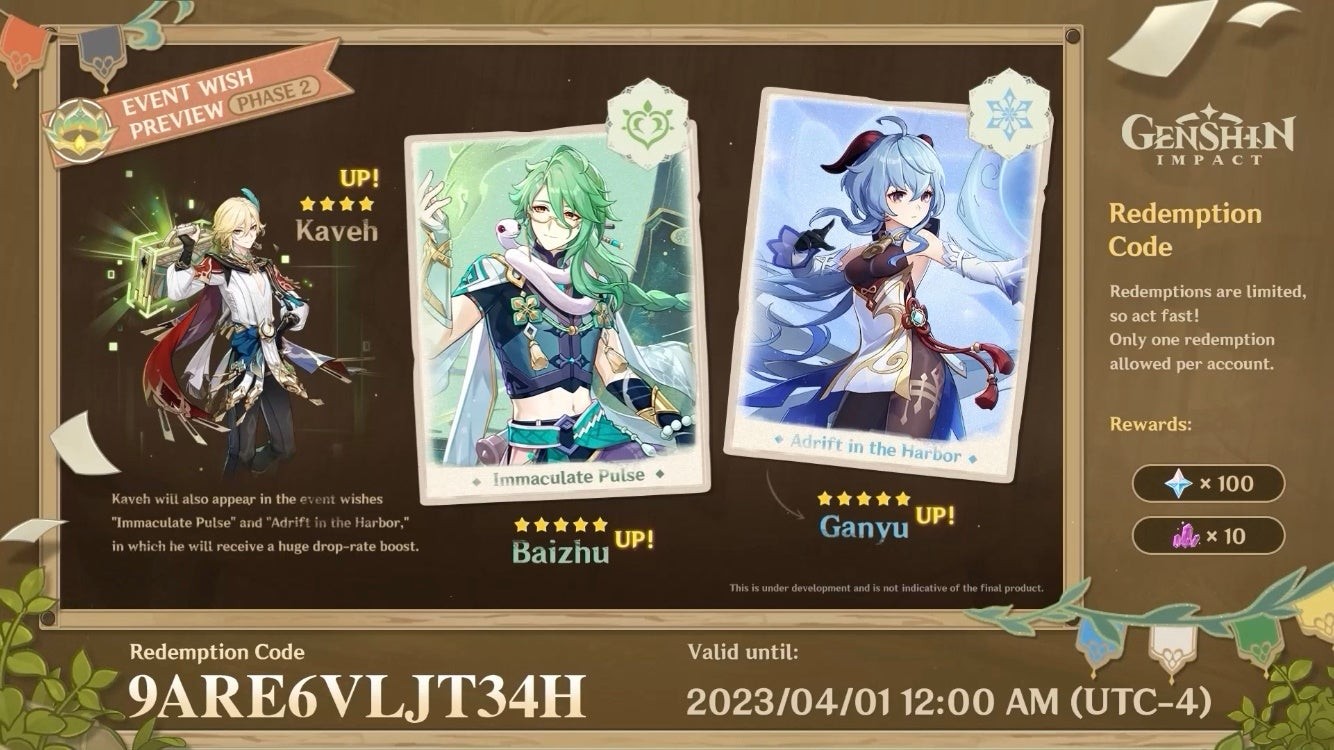 Banner Genshin Impact 3.6 giai đoạn 2 - Baizhu, Kaveh mới và Ganyu rerun