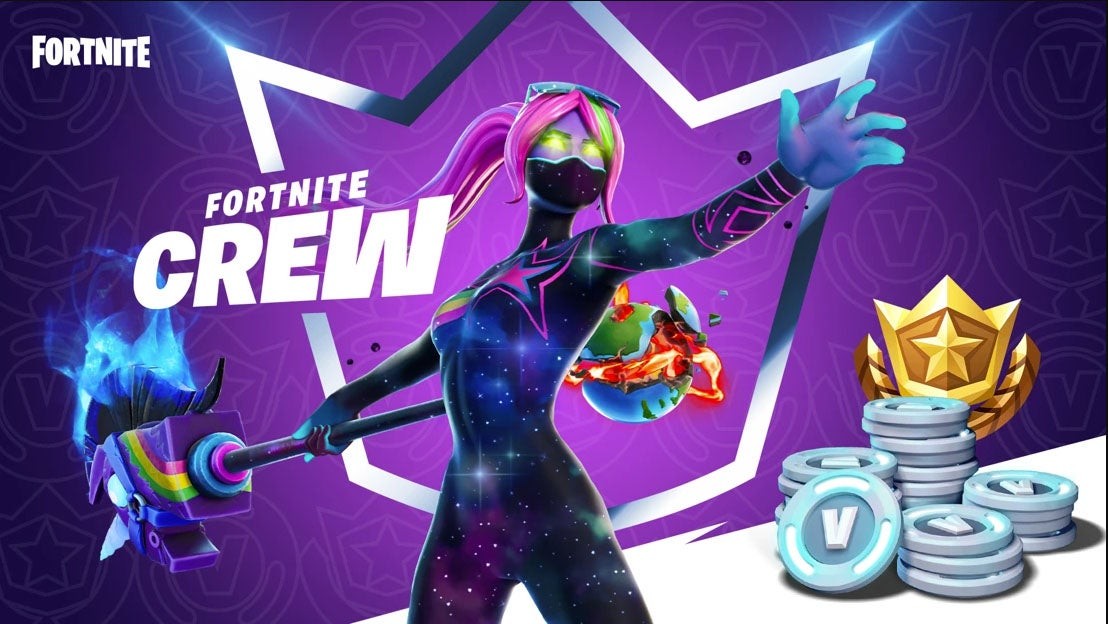 Banner giới thiệu gói đăng ký Fortnite Crew với skin và V-Bucks độc quyền