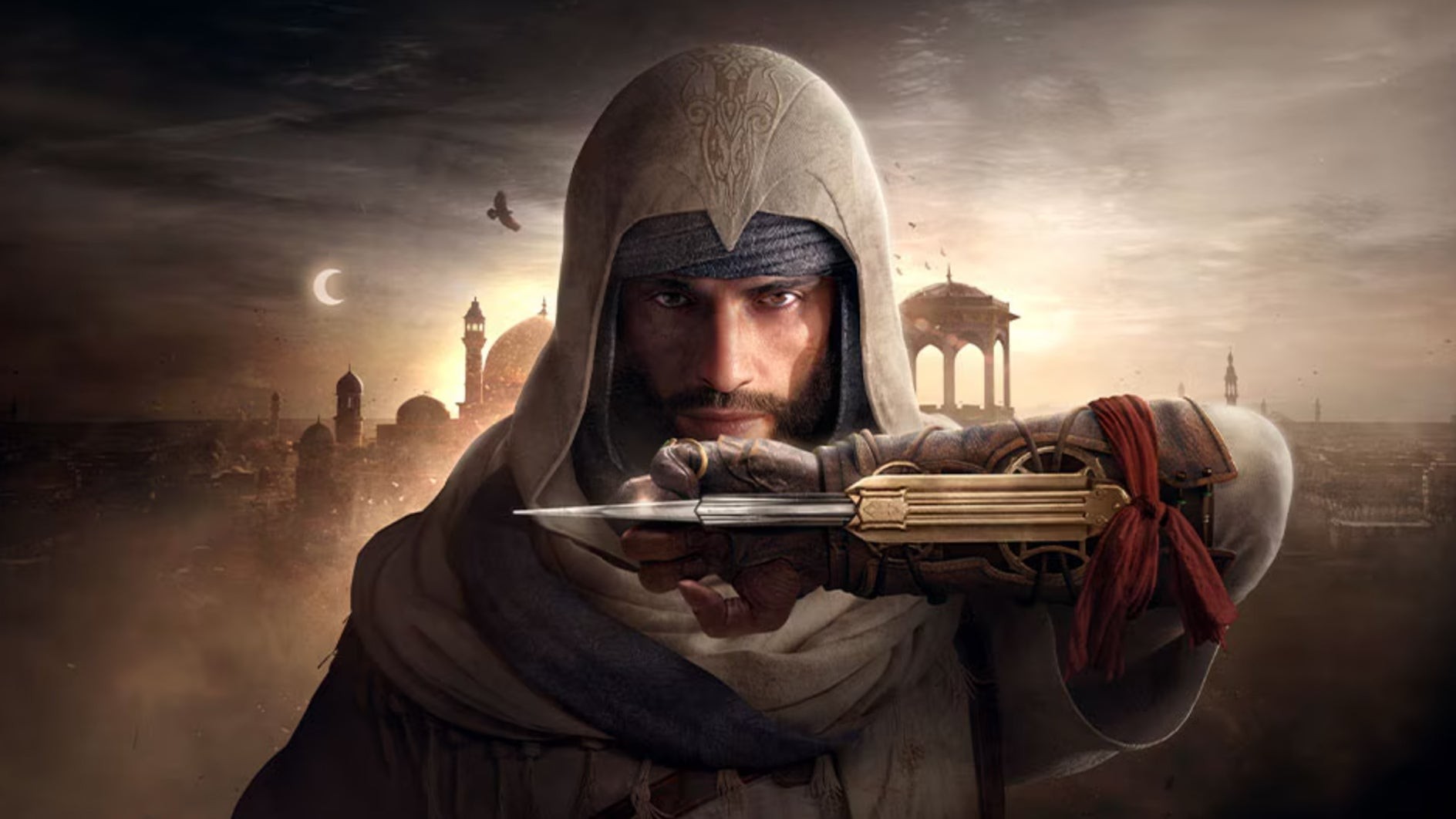 Basim cầm lưỡi dao ẩn với Baghdad cổ đại ở phía sau trong Assassin's Creed Mirage