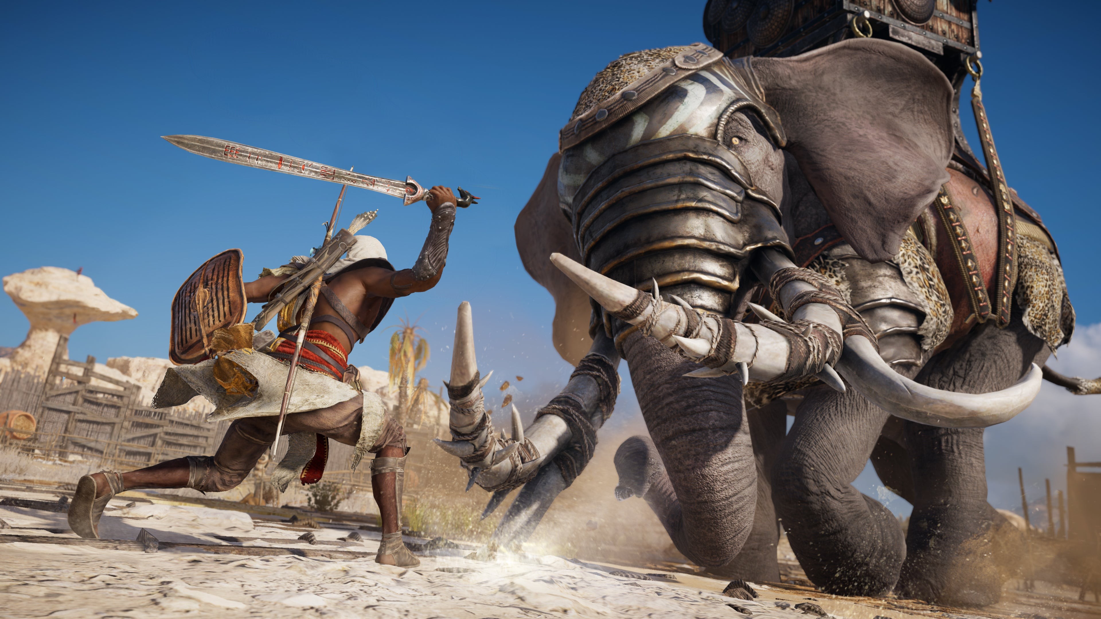 Bayek chiến đấu với voi chiến