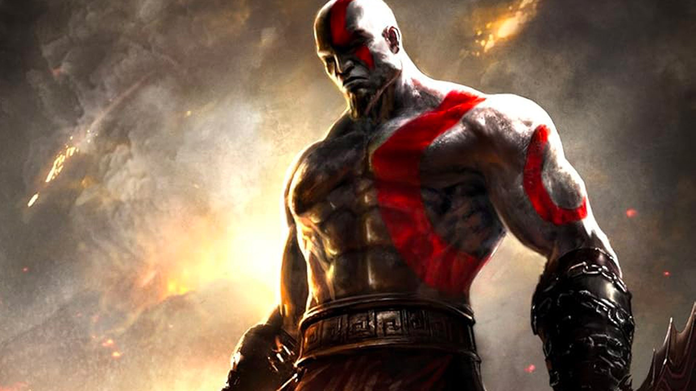 Bìa game God of War Ghost of Sparta cho thấy Kratos trong ánh sáng mờ ảo với vệt lửa sáng rực nền