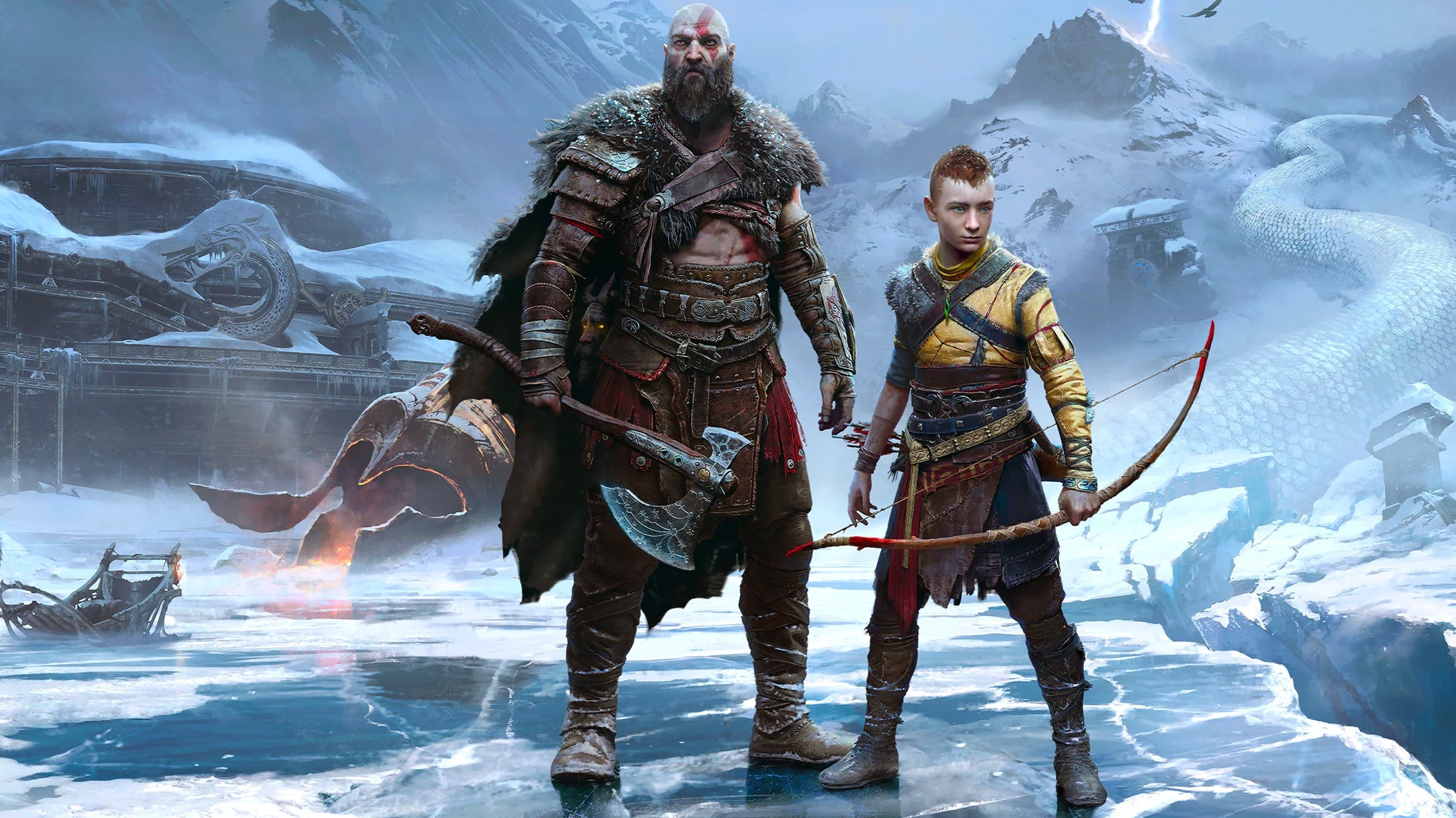 Bìa game God of War Ragnarök, cho thấy Kratos và Atreus đứng ở vùng băng giá tại Scandinavia cổ đại
