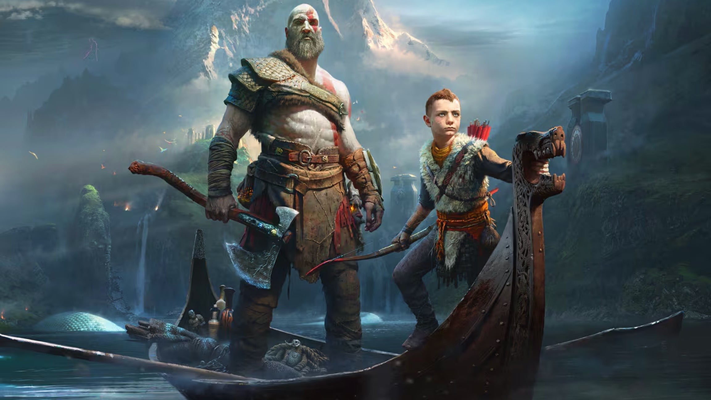 Bìa game God of War reboot 2018, cho thấy Kratos và con trai Atreus trên thuyền gỗ