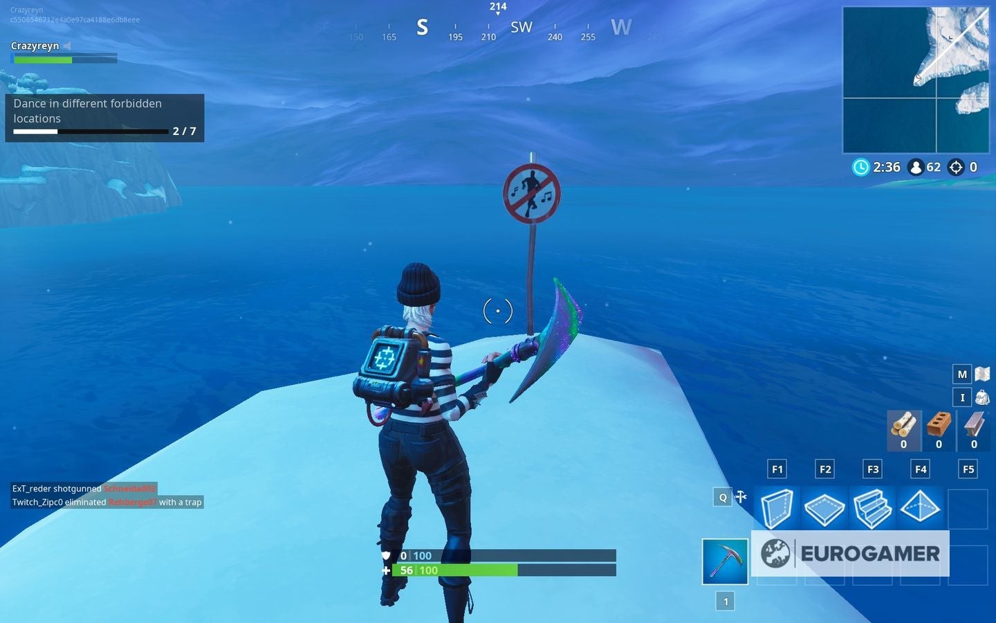 Biển báo cấm nhảy đặc trưng trong Fortnite với hình người nhảy bị gạch chéo