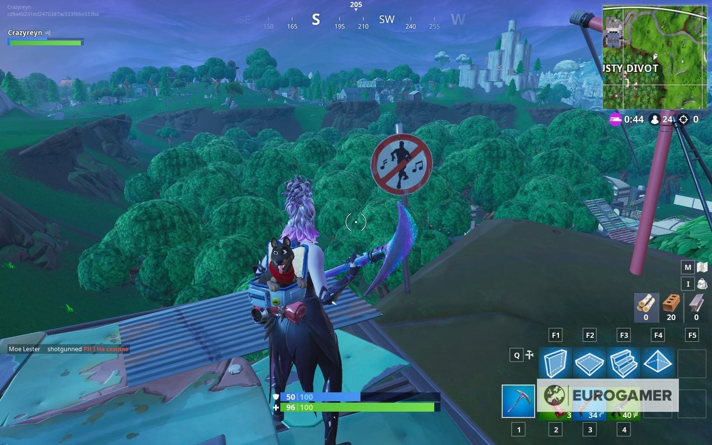 Biển báo cấm nhảy Fortnite nhìn xuống khu vực Dusty Divot từ phía Bắc