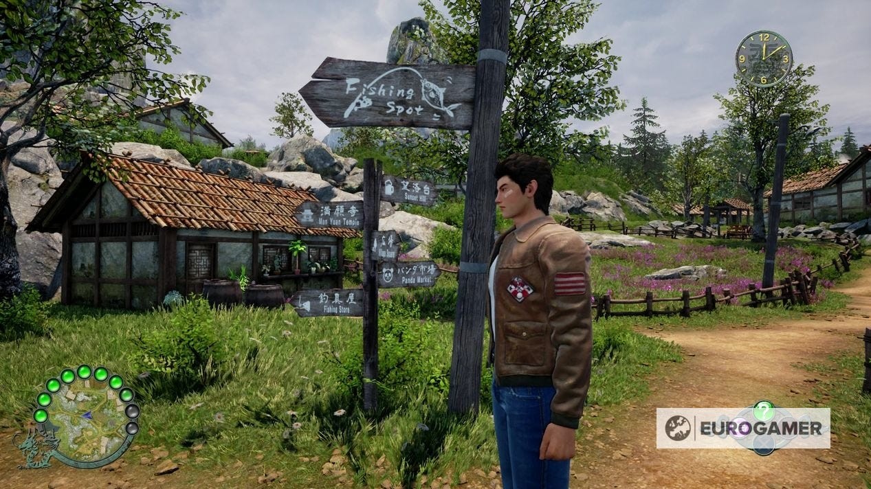 Biển chỉ dẫn đến khu vực câu cá và cửa hàng Huang's Tackle trong Shenmue 3