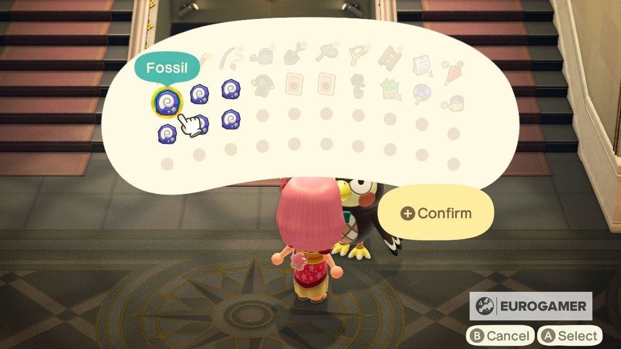 Blathers đang xem xét và giám định một hóa thạch cho người chơi trong Animal Crossing New Horizons