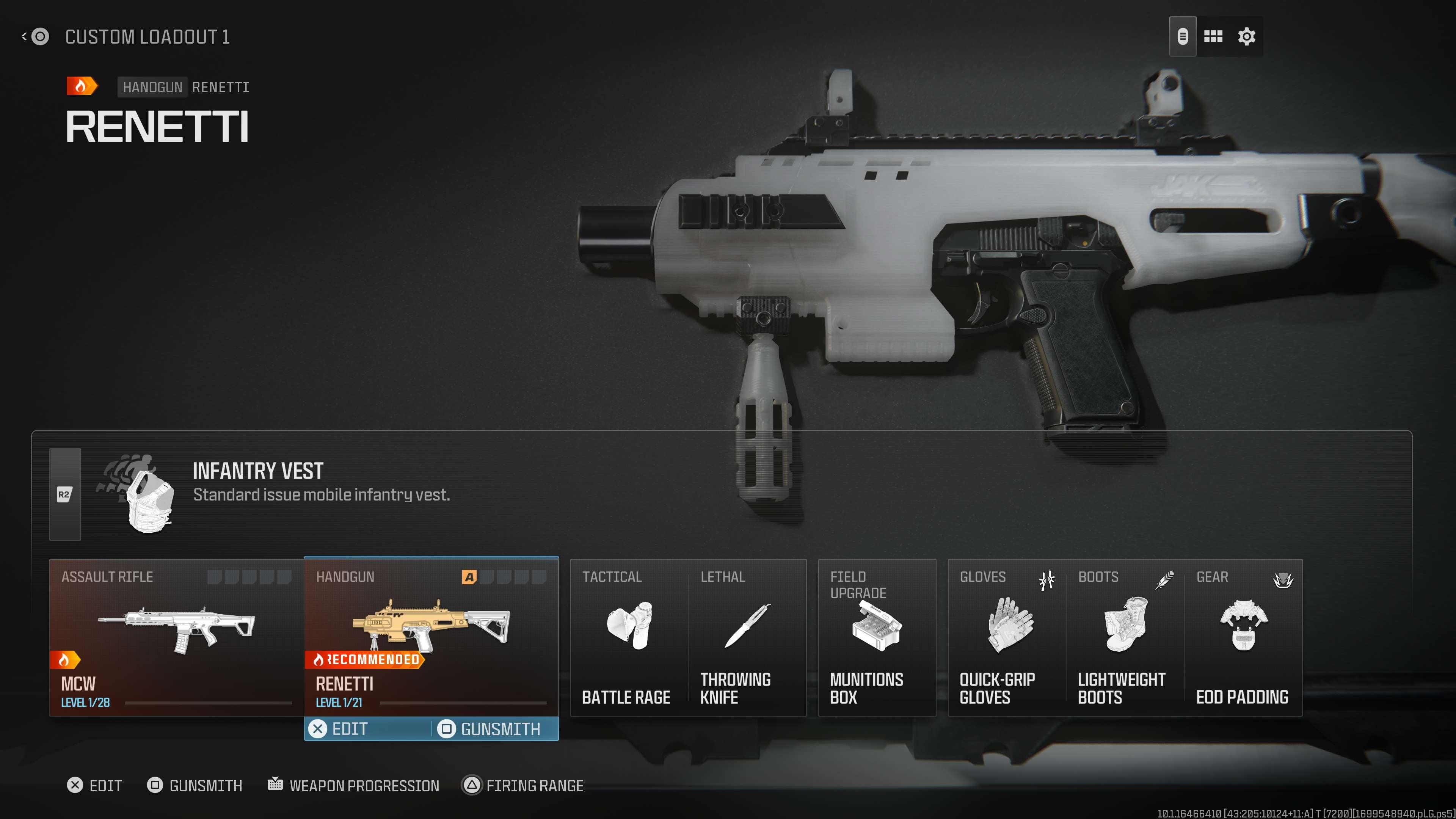 Bộ trang bị Renetti Jak Ferocity Carbine trong màn hình loadout MW3 thể hiện lựa chọn perk và trang bị